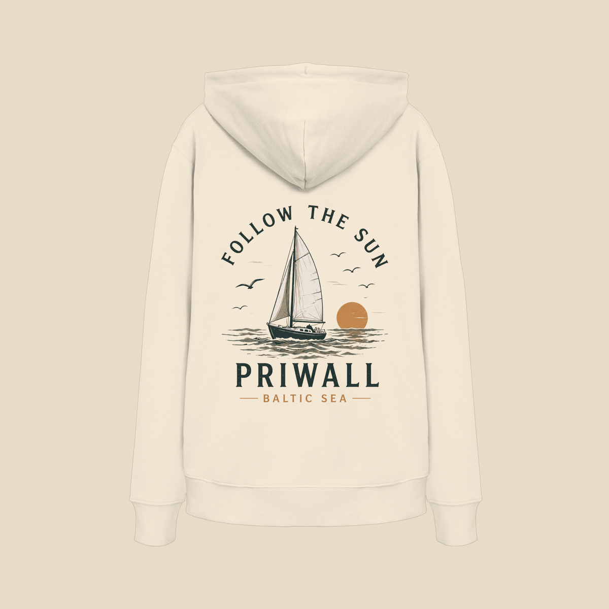 Priwall Follow the Sun Bio-Hoodie in Natural Raw mit Rückenprint – Clean Mockup