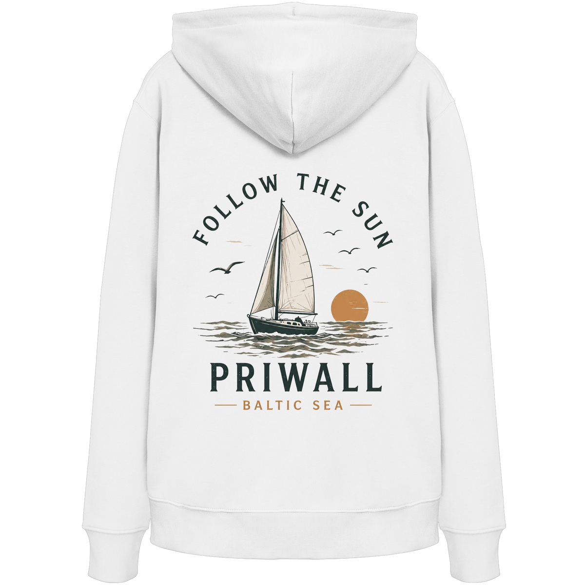 Priwall Follow the Sun Bio-Hoodie in White mit Rückenprint – Shirtigo Mockup