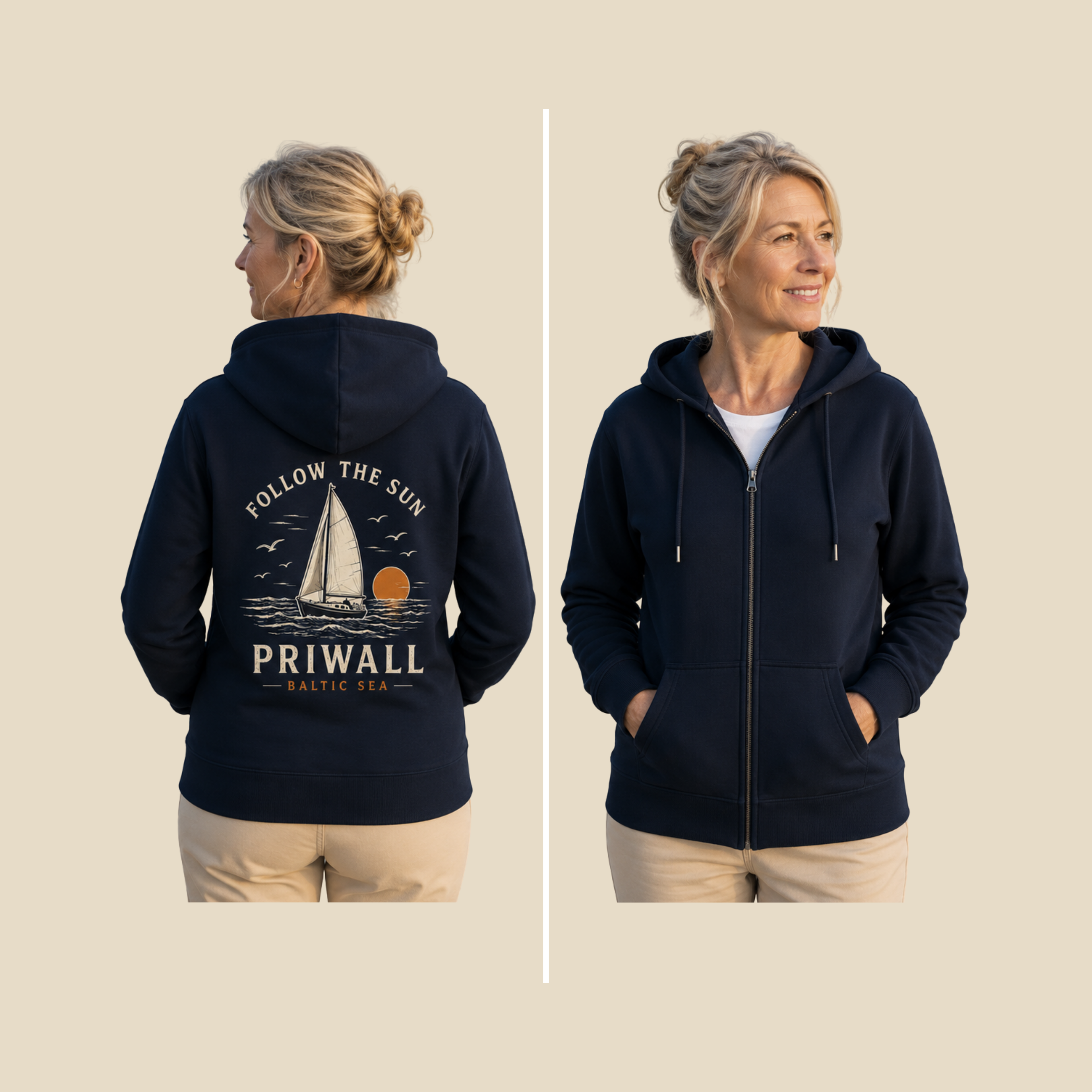 Nomavé Bio-Kapuzenjacke mit Reißverschluss in Navy (Dark Edition) als Clean Mockup. Links die Rückenansicht mit großem Backprint „Follow the Sun – Priwall Baltic Sea“, rechts die schlichte Vorderansicht ohne Aufdruck. Die Jacke wird von einer Frau mittleren Alters auf neutralem beigefarbenem Hintergrund präsentiert.