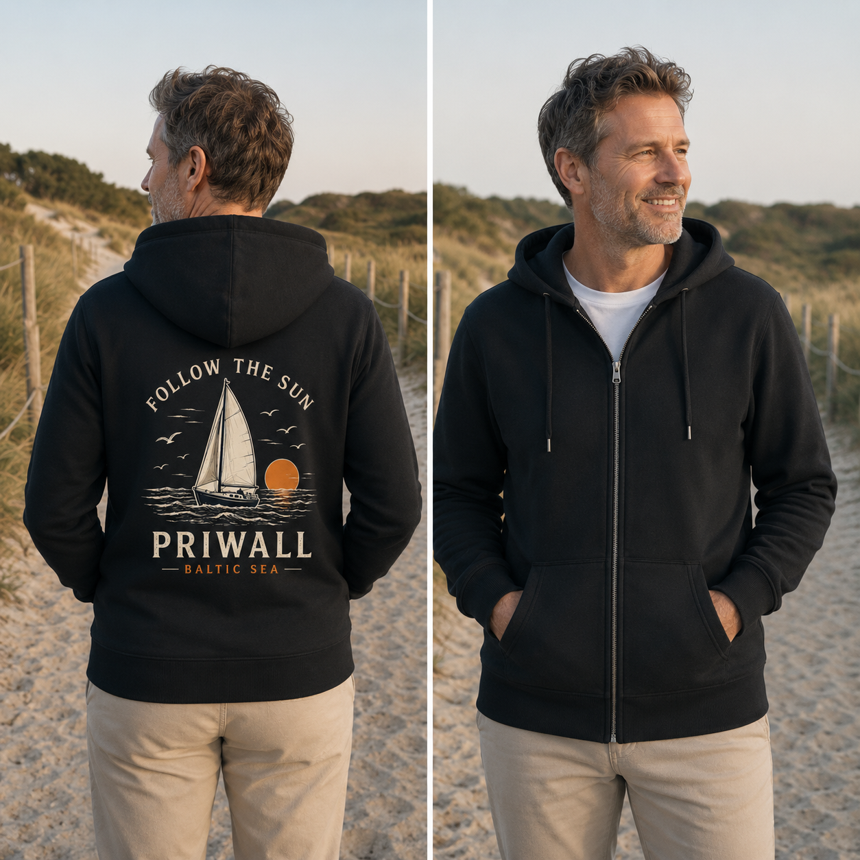 Nomavé Bio-Kapuzenjacke mit Reißverschluss in Schwarz (Dark Edition) als Lifestyle-Kombibild. Links die Rückenansicht mit großem Backprint „Follow the Sun – Priwall Baltic Sea“, rechts die schlichte Vorderseite ohne Aufdruck. Getragen von einem Mann mittleren Alters auf einem Dünenweg am Priwall im warmen Abendlicht.