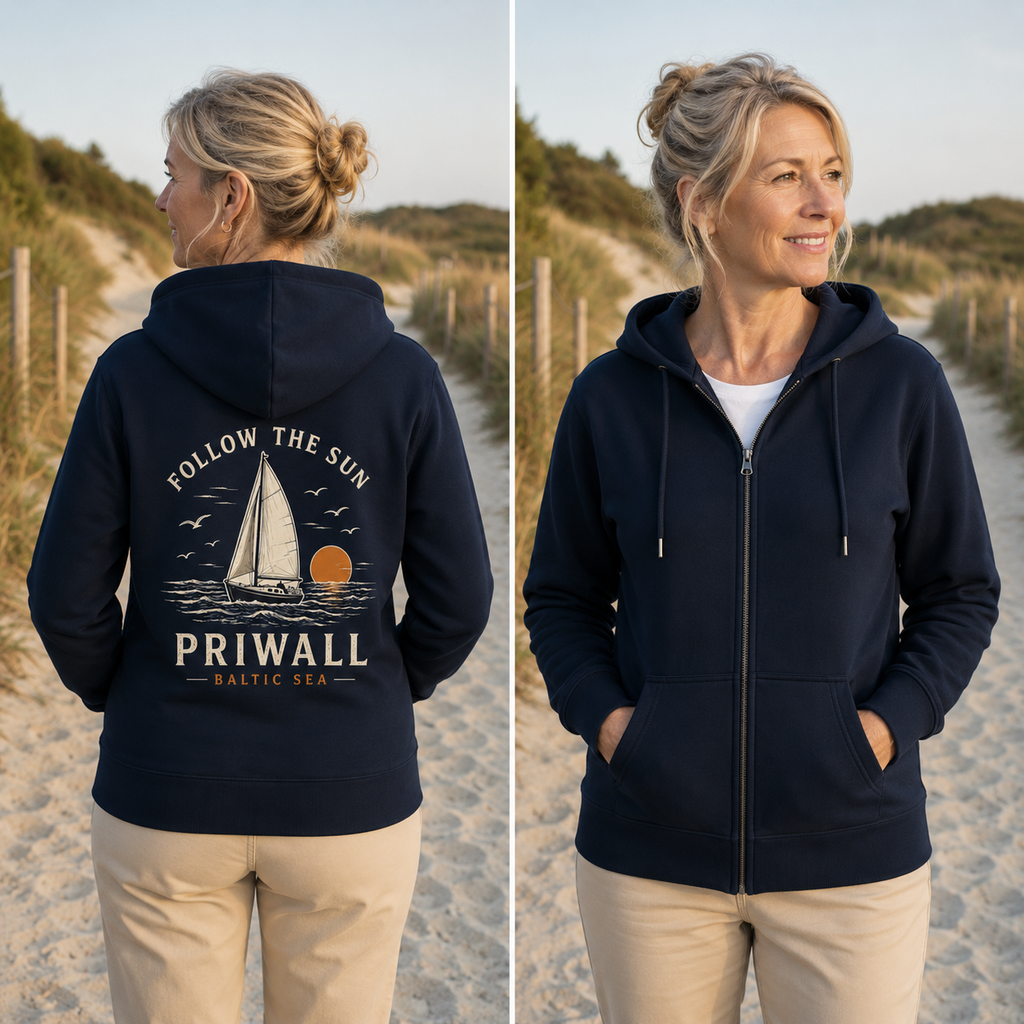 Nomavé Bio-Kapuzenjacke mit Reißverschluss in Navy (Dark Edition) als Lifestyle-Kombibild. Links die Rückenansicht mit großem Backprint „Follow the Sun – Priwall Baltic Sea“, rechts die schlichte Vorderseite ohne Aufdruck. Fotografiert auf einem Dünenweg am Priwall mit Ostseekulisse im warmen Abendlicht.