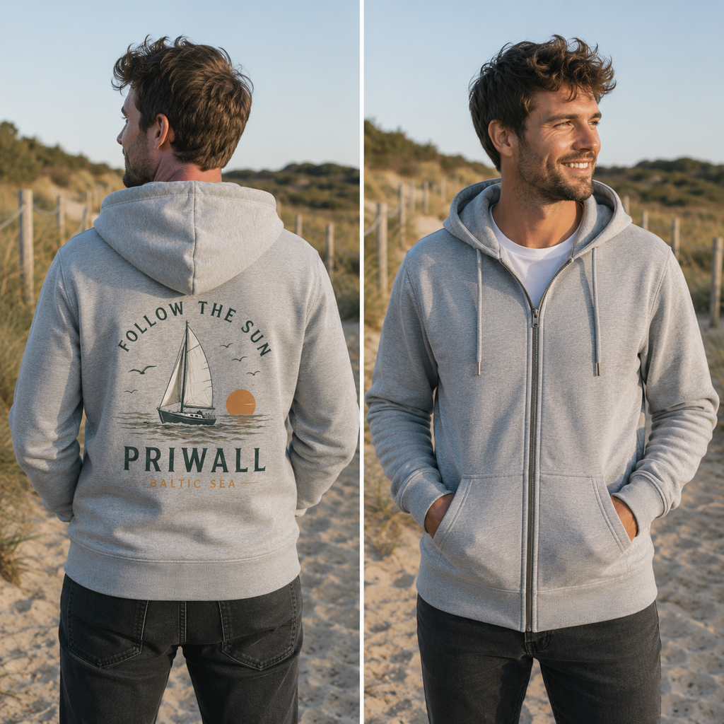 Nomavé Bio-Kapuzenjacke mit Reißverschluss in Sport Grey als Lifestyle-Kombibild. Links die Rückenansicht mit großem Backprint „Follow the Sun – Priwall Baltic Sea“, rechts die schlichte Vorderansicht ohne Aufdruck. Getragen von einem Mann an einem Dünenweg am Priwall im warmen Morgenlicht.