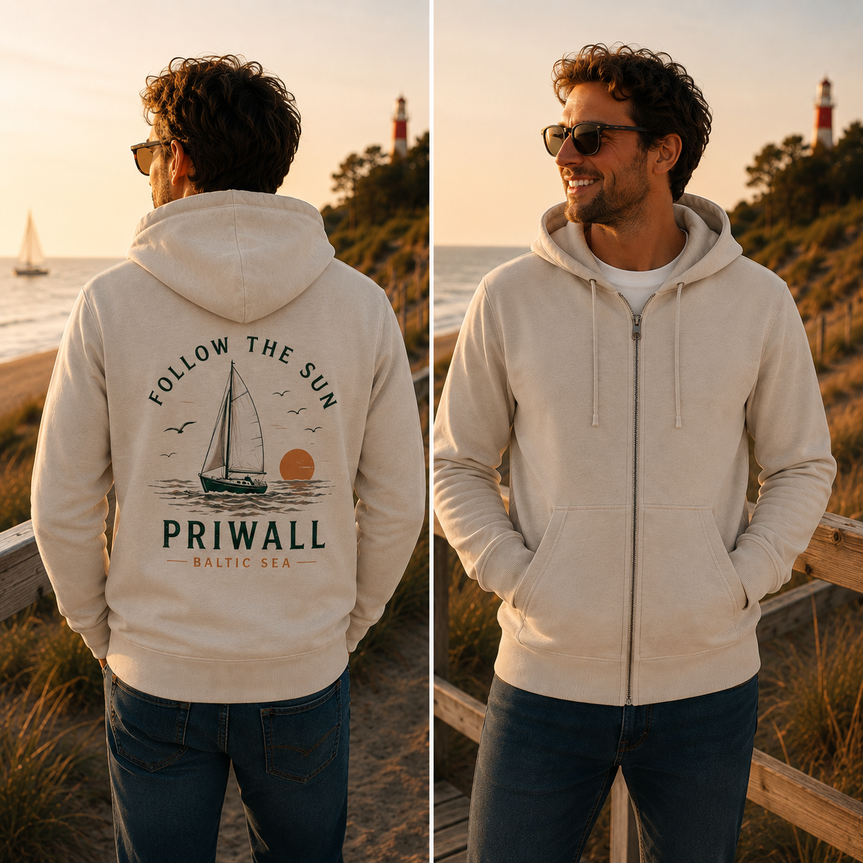 Nomavé Bio-Kapuzenjacke mit Reißverschluss in Natur als Lifestyle-Kombibild. Links die Rückenansicht mit großem Backprint „Follow the Sun – Priwall Baltic Sea“, rechts die schlichte Vorderseite ohne Aufdruck. Fotografiert am Priwall bei Sonnenuntergang mit Dünen und Leuchtturm im Hintergrund.