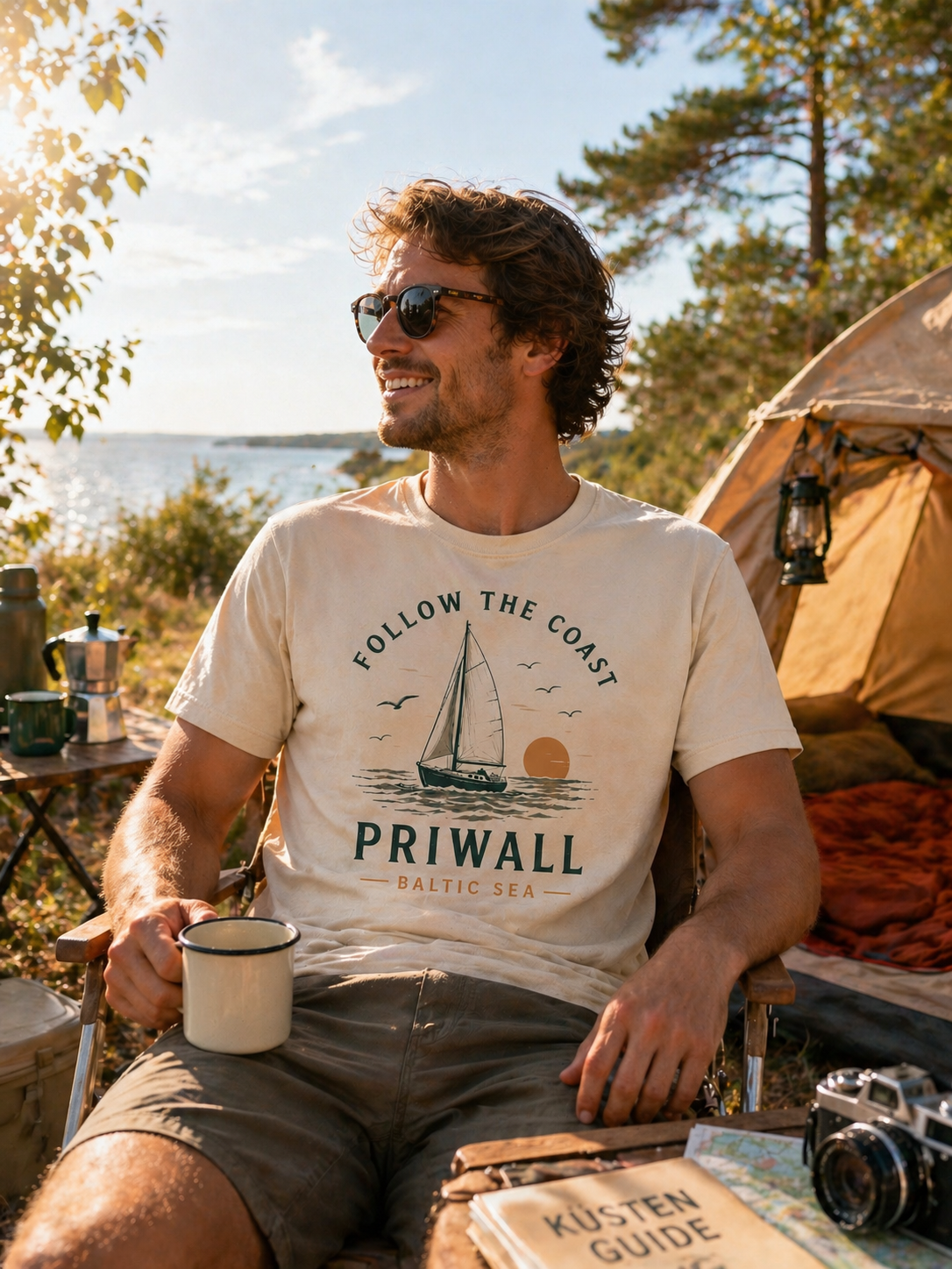 Priwall Follow the Sun Bio T-Shirt in einer hellen Priwall-Lifestyle-Szene