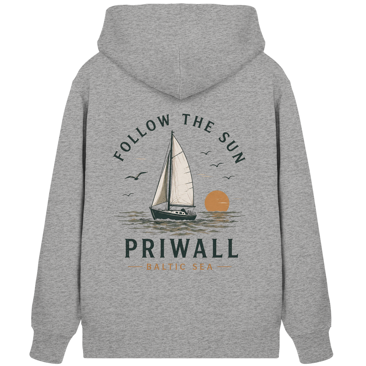 Priwall Follow the Sun Bio-Zipper in Heather Grey mit Rückenprint – Shirtigo Mockup