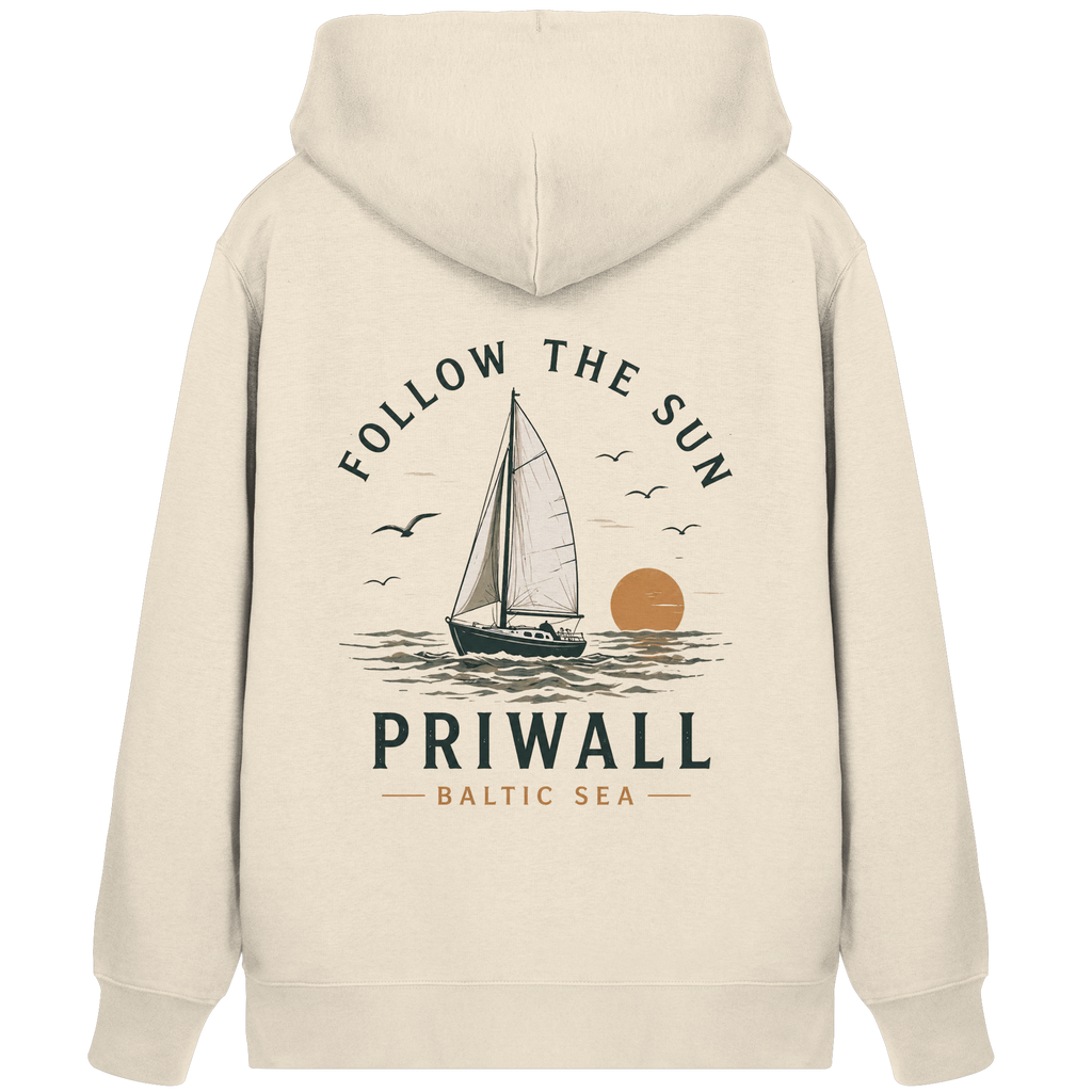 Priwall Follow the Sun Bio-Zipper in Natural Raw mit Rückenprint – Shirtigo Mockup