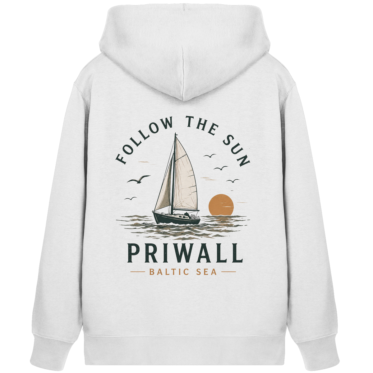 Priwall Follow the Sun Bio-Zipper in White mit Rückenprint – Shirtigo Mockup
