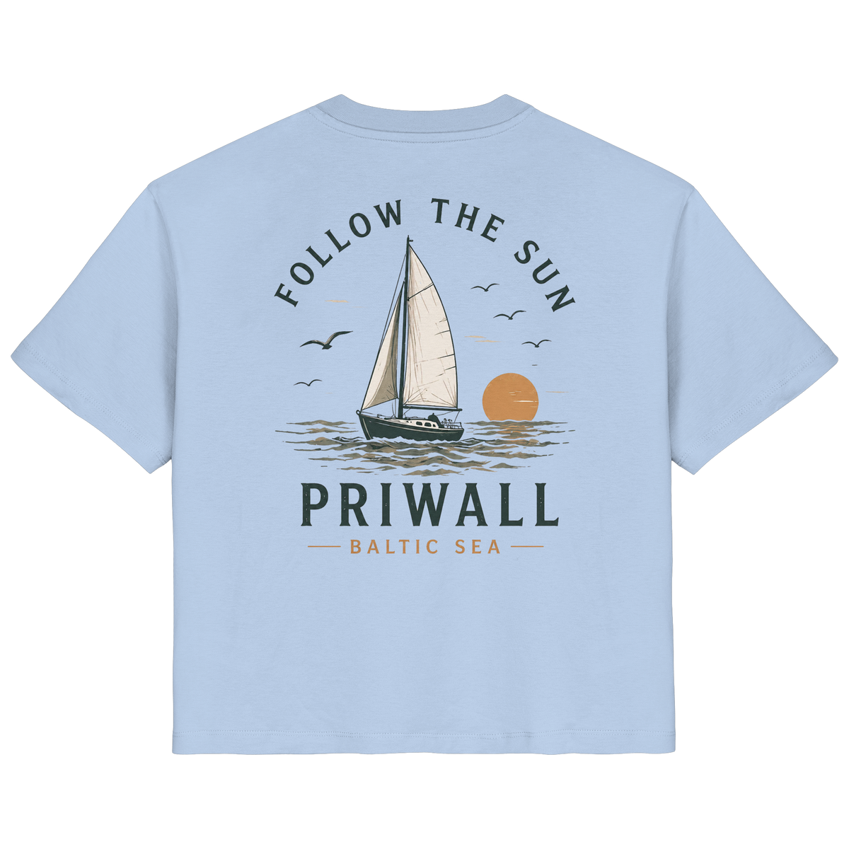 Priwall Follow the Sun Damen-Bio-T-Shirt mit Rückenprint in Blue Soul – Clean Mockup