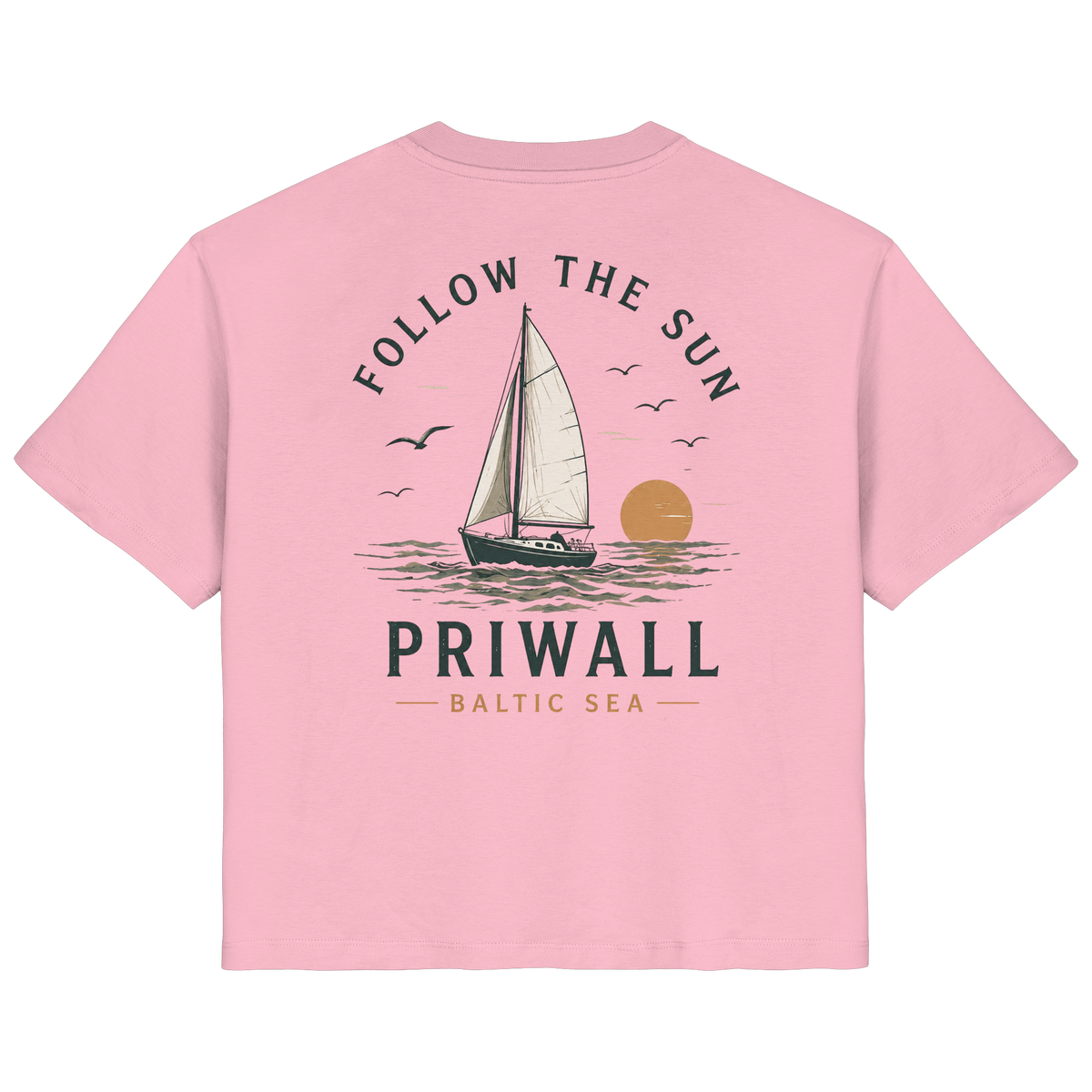 Priwall Follow the Sun Damen-Bio-T-Shirt mit Rückenprint in Cotton Pink – Clean Mockup