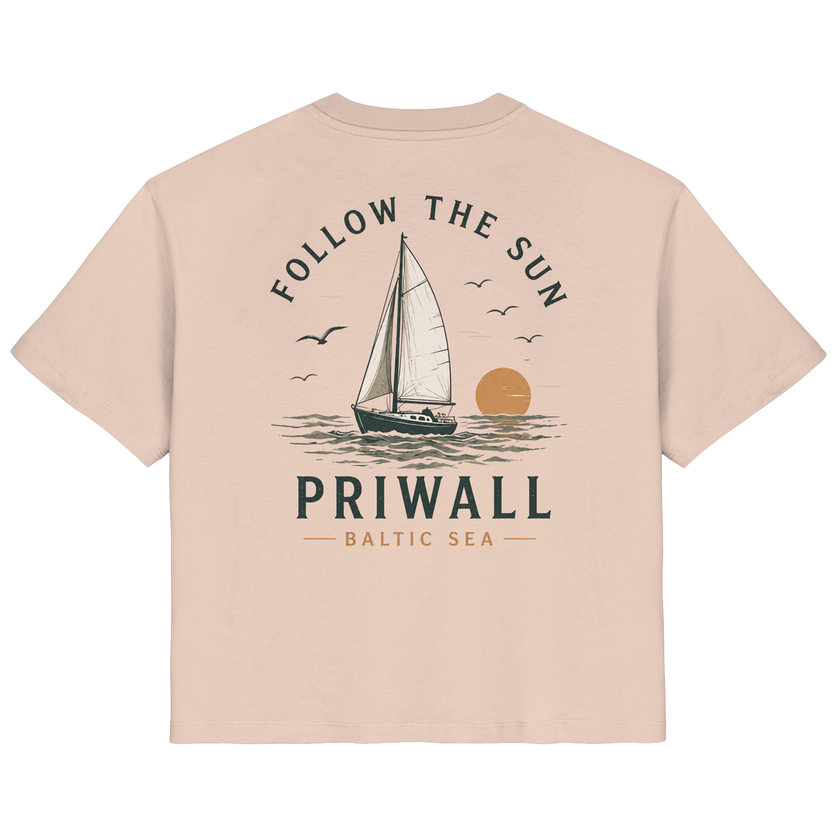 Priwall Follow the Sun Damen-Bio-T-Shirt mit Rückenprint in Fraiche Peche – Clean Mockup