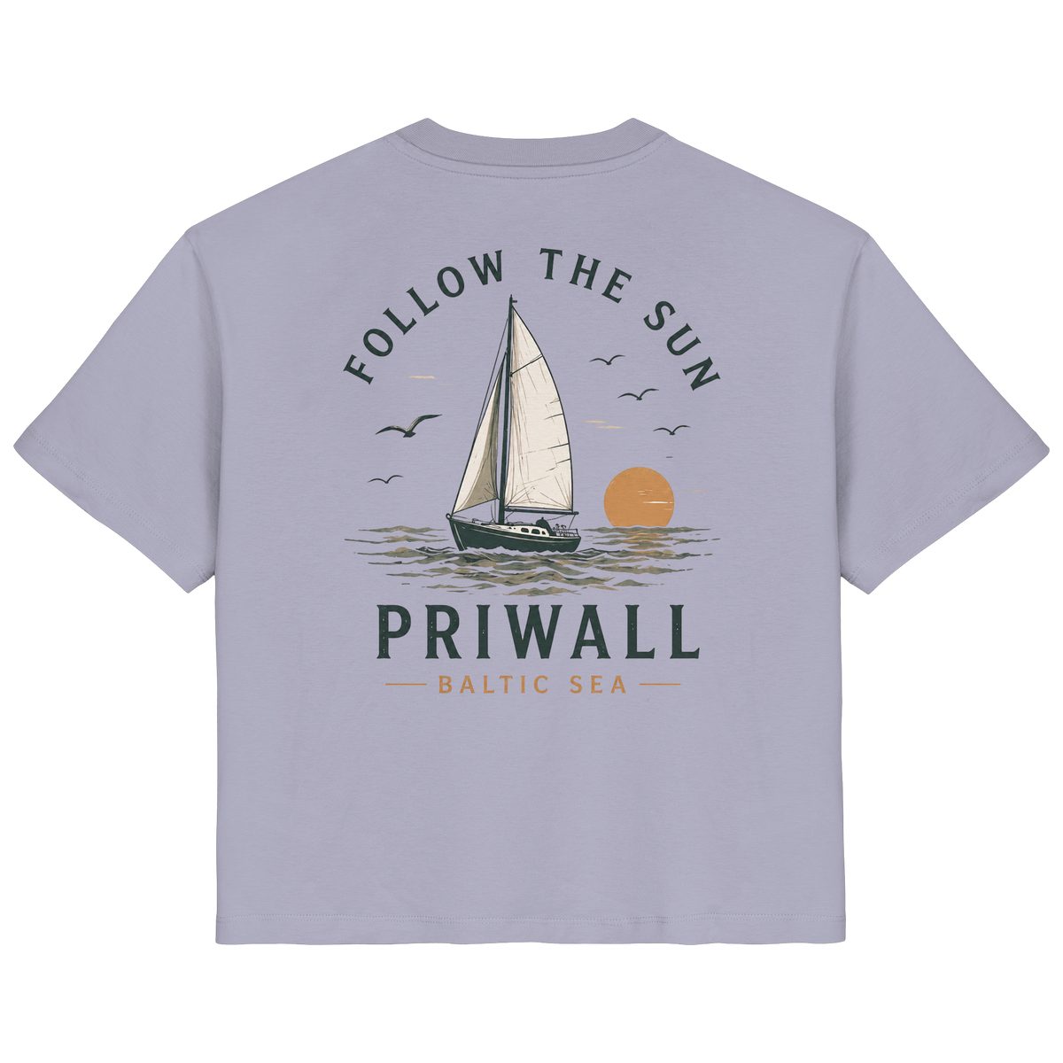 Priwall Follow the Sun Damen-Bio-T-Shirt mit Rückenprint in Lavender – Clean Mockup