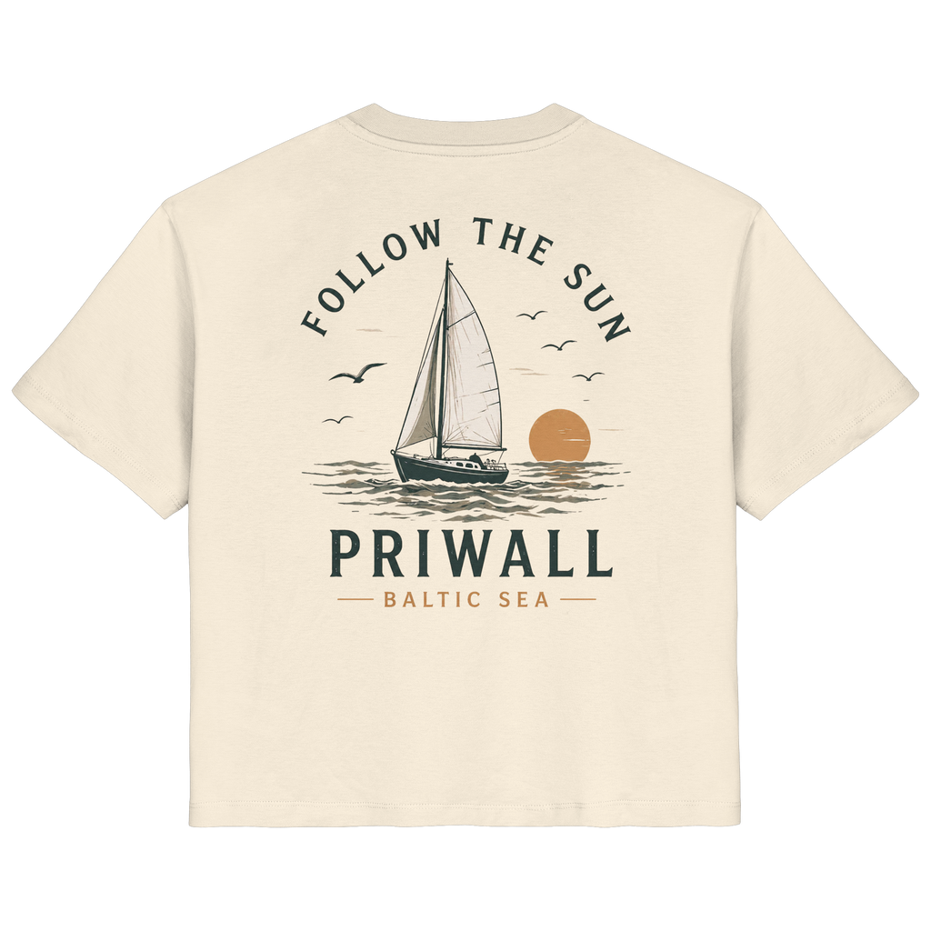 Priwall Follow the Sun Damen-Bio-T-Shirt mit Rückenprint in Natural Raw – Clean Mockup