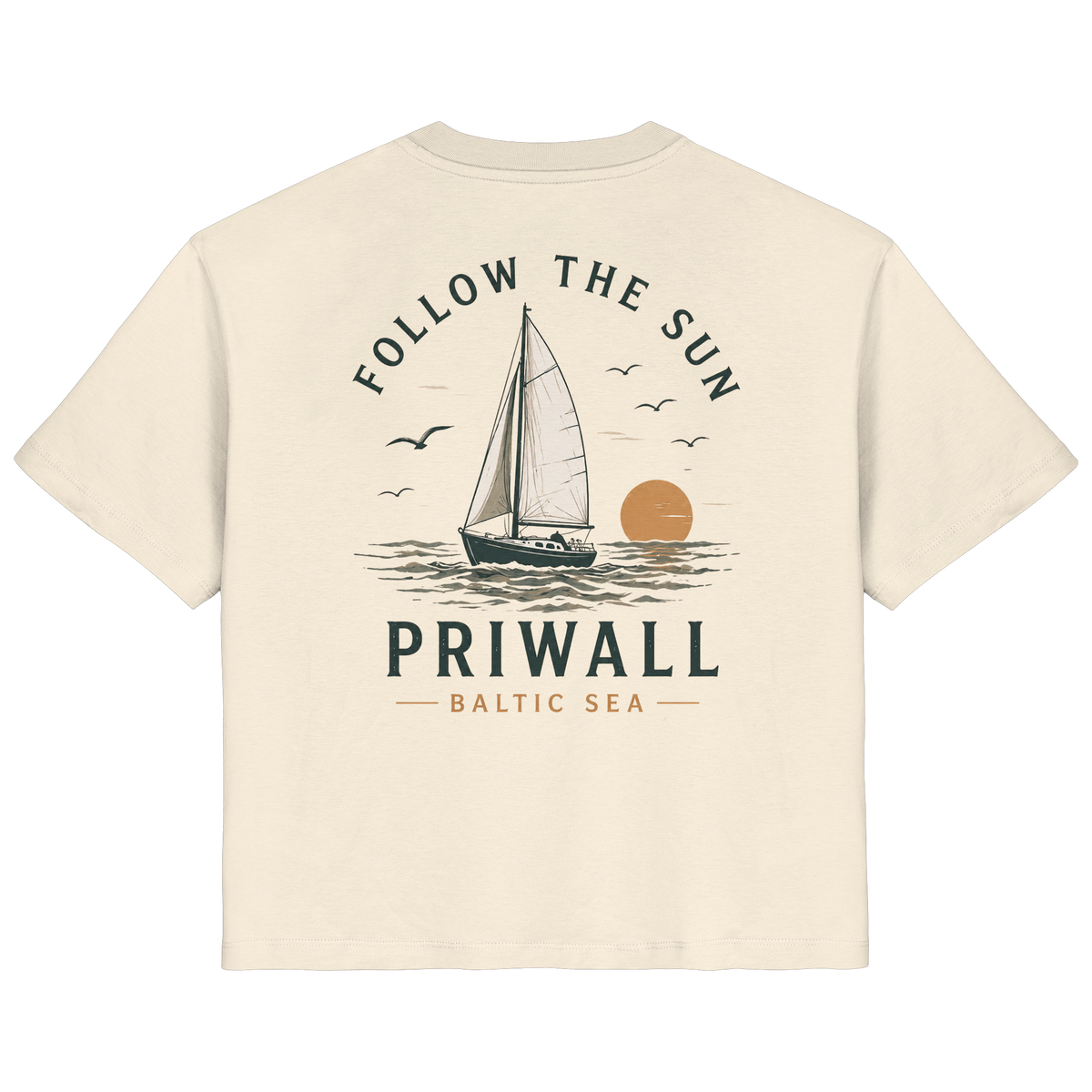 Priwall Follow the Sun Damen-Bio-T-Shirt mit Rückenprint in Natural Raw – Clean Mockup