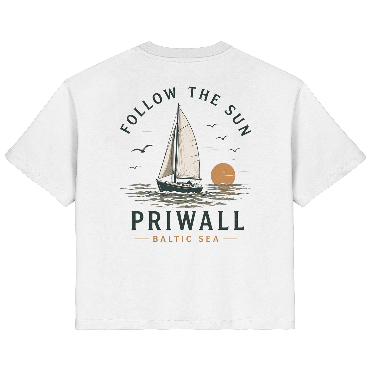 Priwall Follow the Sun Damen-Bio-T-Shirt mit Rückenprint in White – Clean Mockup