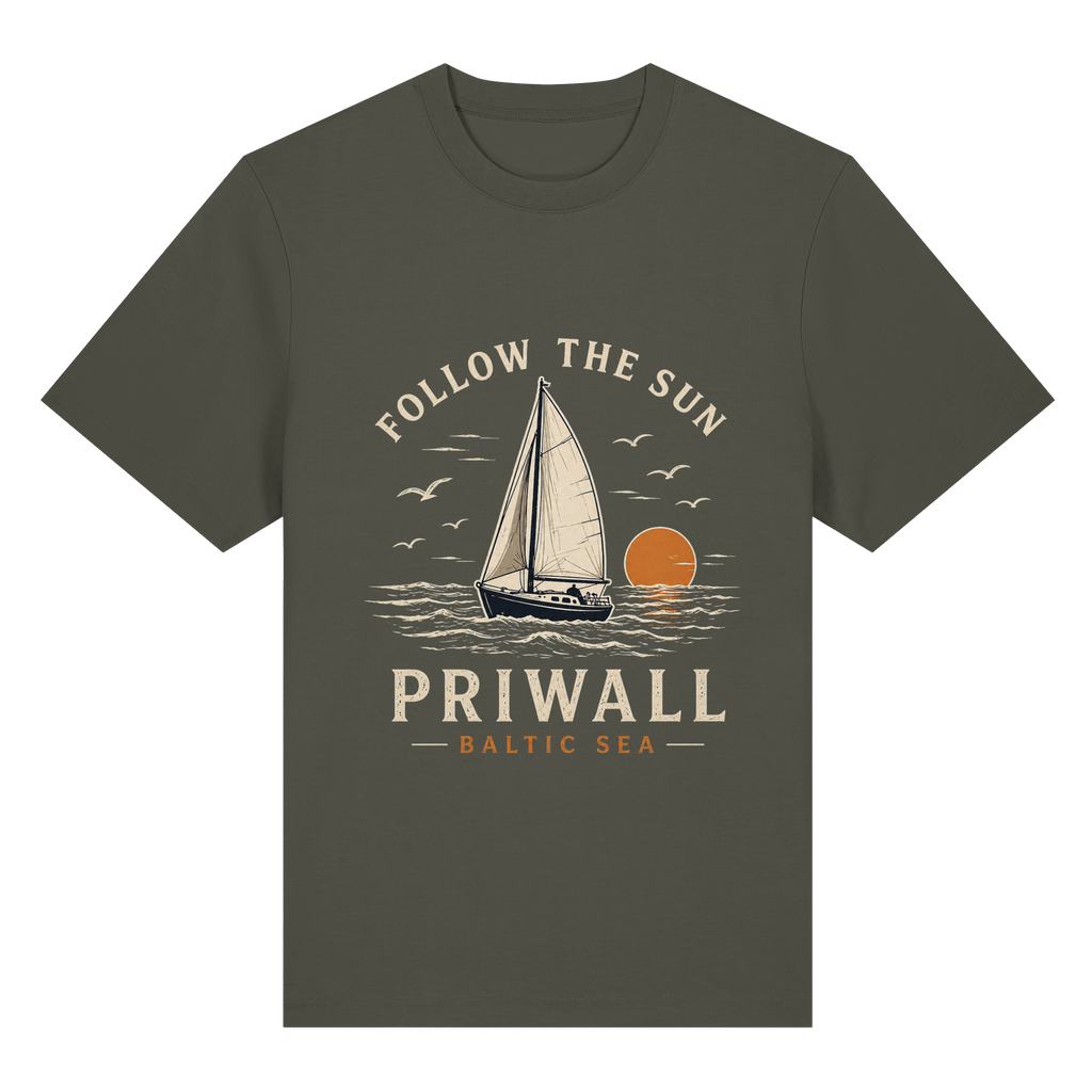 Priwall Follow the Sun Dark Bio-Heavy T-Shirt in Khaki mit Frontmotiv
