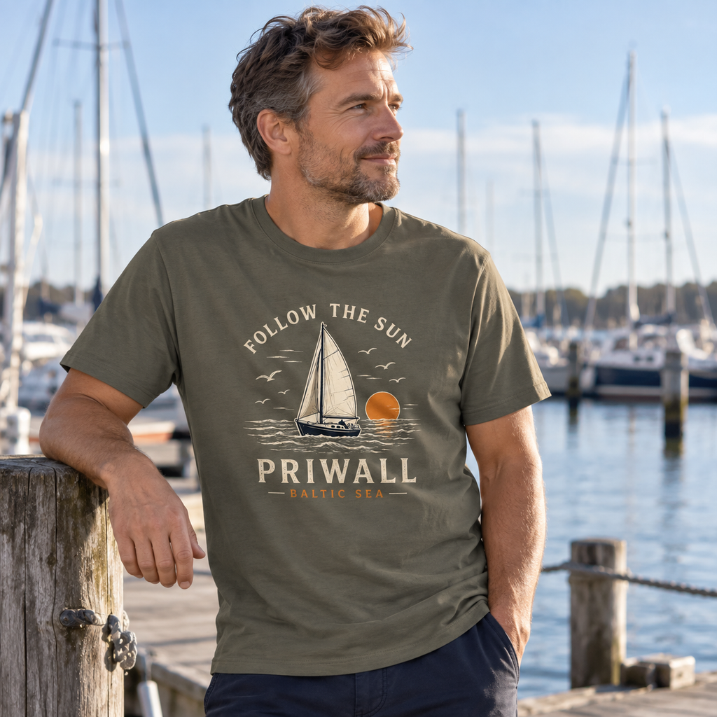 Mann im Priwall Follow the Sun Dark Bio-Heavy T-Shirt in der Marina