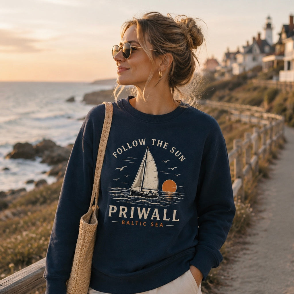Priwall Follow the Sun Bio-Hoodie als maritime Lifestyleaufnahme an der Küste