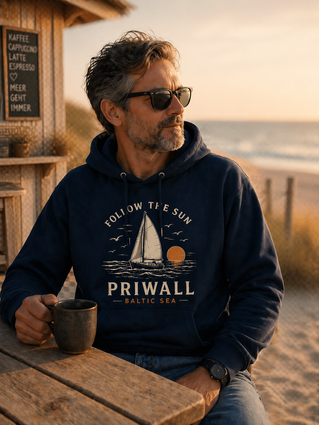 Mann am Strandcafé im Priwall Follow the Sun Bio-Hoodie