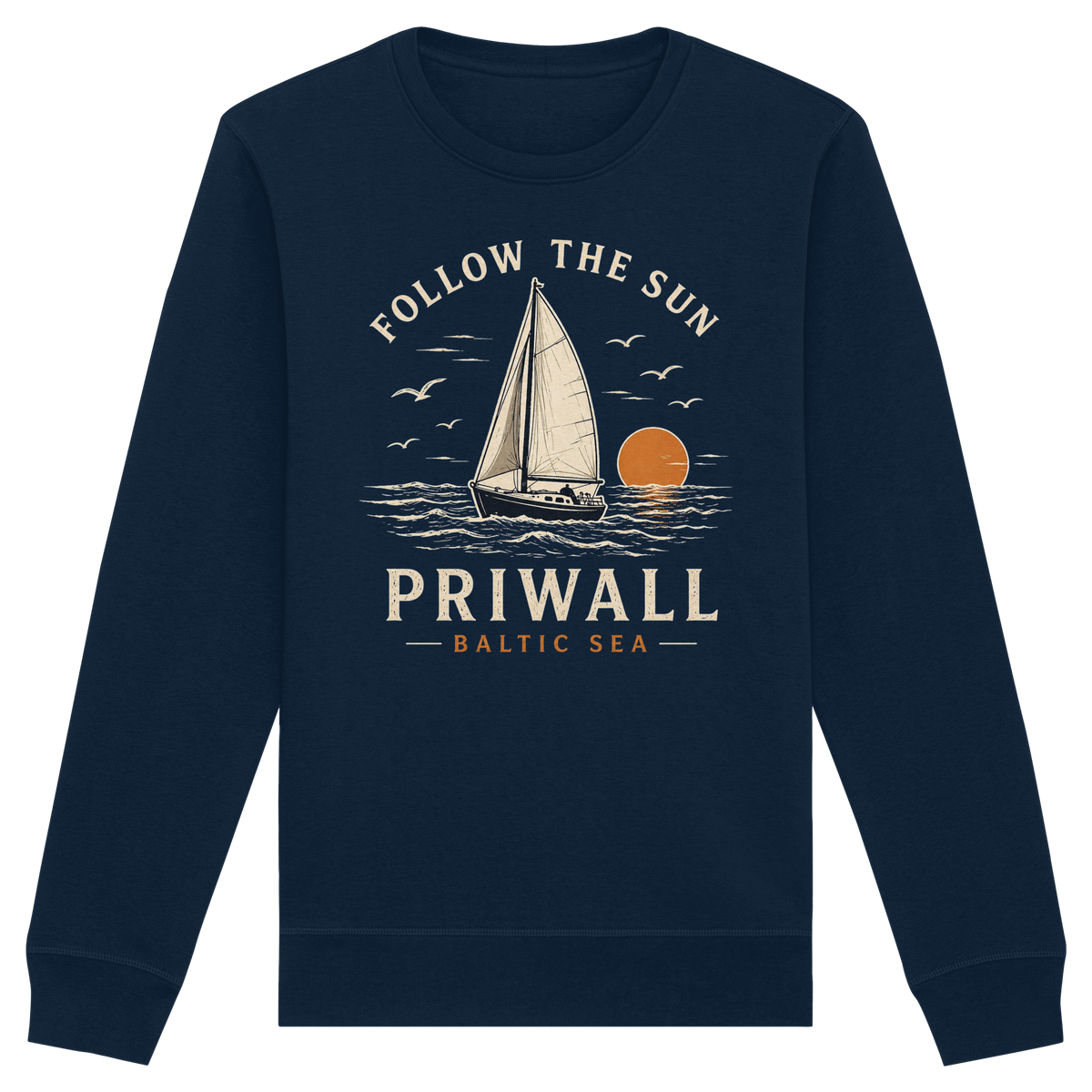 Priwall Follow the Sun Dark Bio-Sweatshirt in French Navy mit Frontmotiv