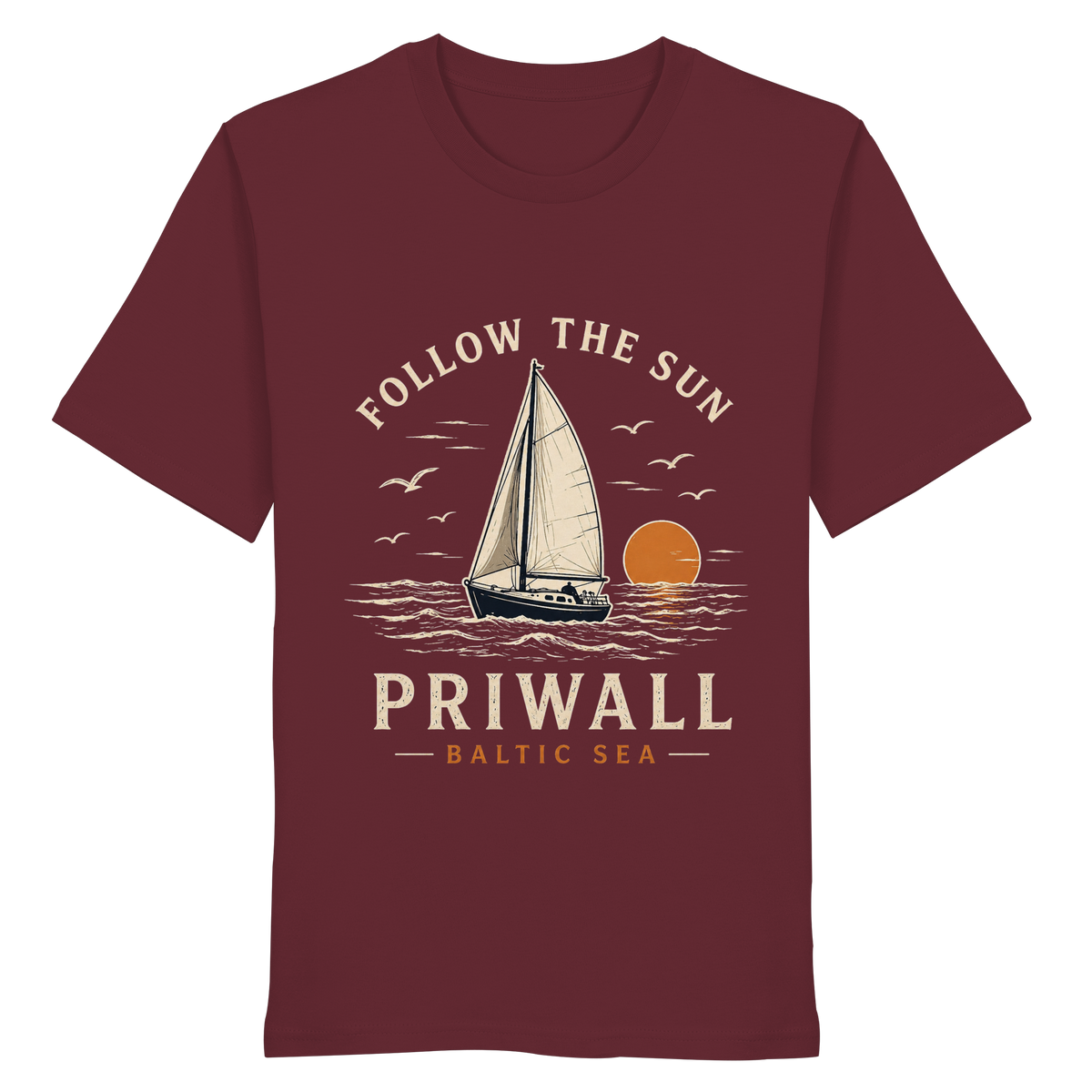 Priwall Follow the Sun Bio T-Shirt in Burgundy – Clean Mockup