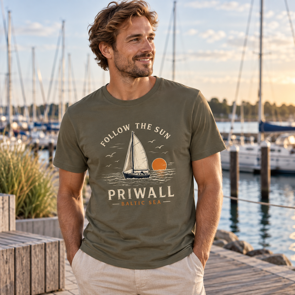 Mann an der Marina im Priwall Follow the Sun Bio T-Shirt