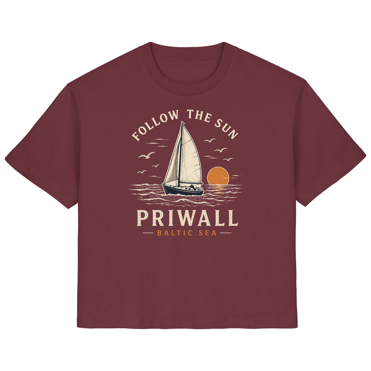 Priwall Follow the Sun Damen-Bio-T-Shirt in Burgundy – Clean Mockup