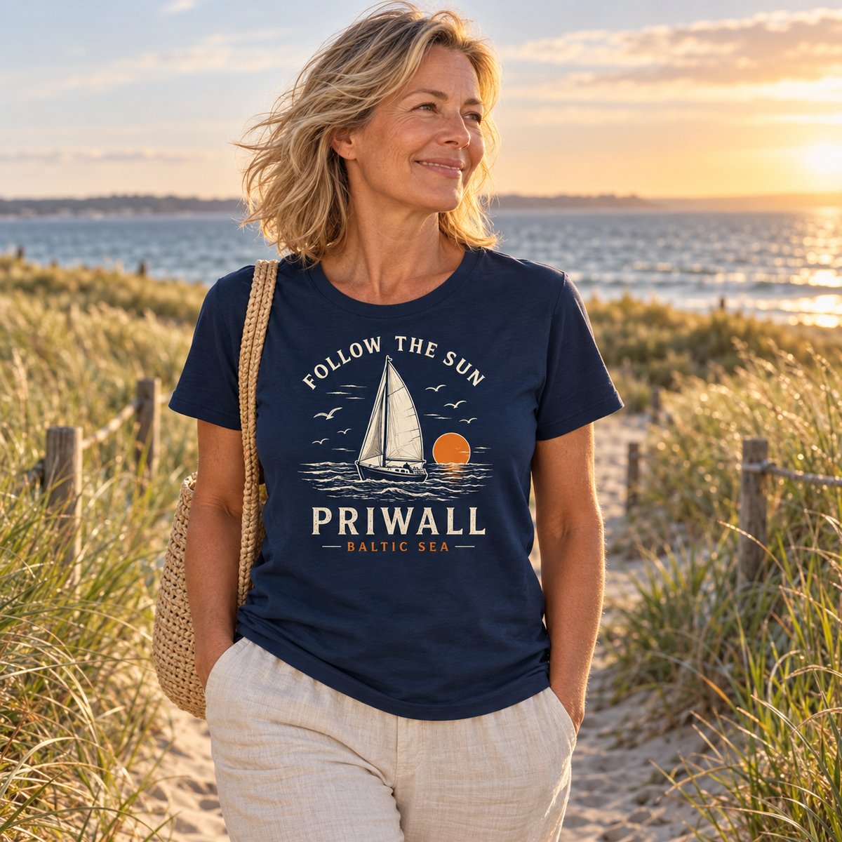 Frau im Priwall Follow the Sun Dark Damen-Bio-T-Shirt an den Ostseedünen