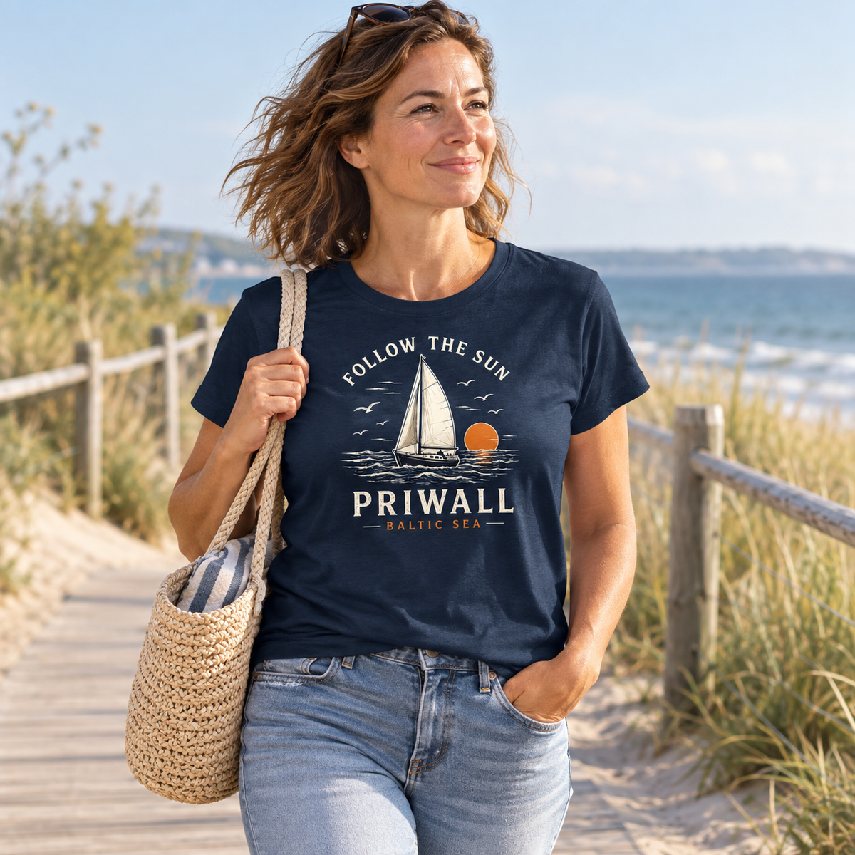 Frau im Priwall Follow the Sun Dark Damen-Bio-T-Shirt auf der Strandpromenade