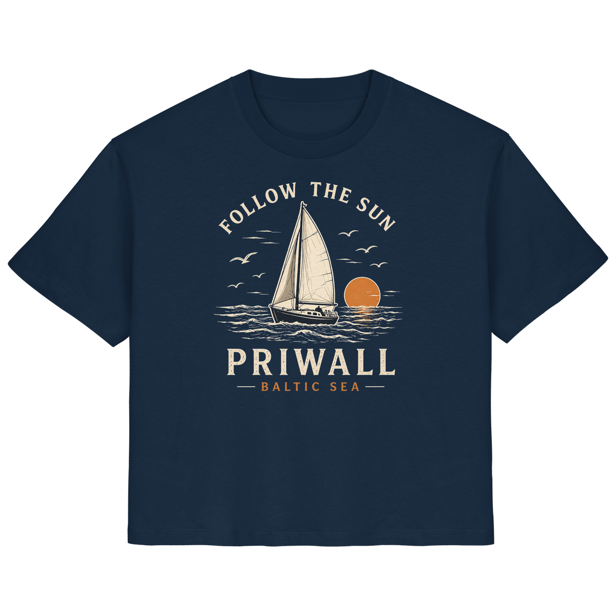 Priwall Follow the Sun Dark Damen-Bio-T-Shirt in French Navy mit Frontmotiv
