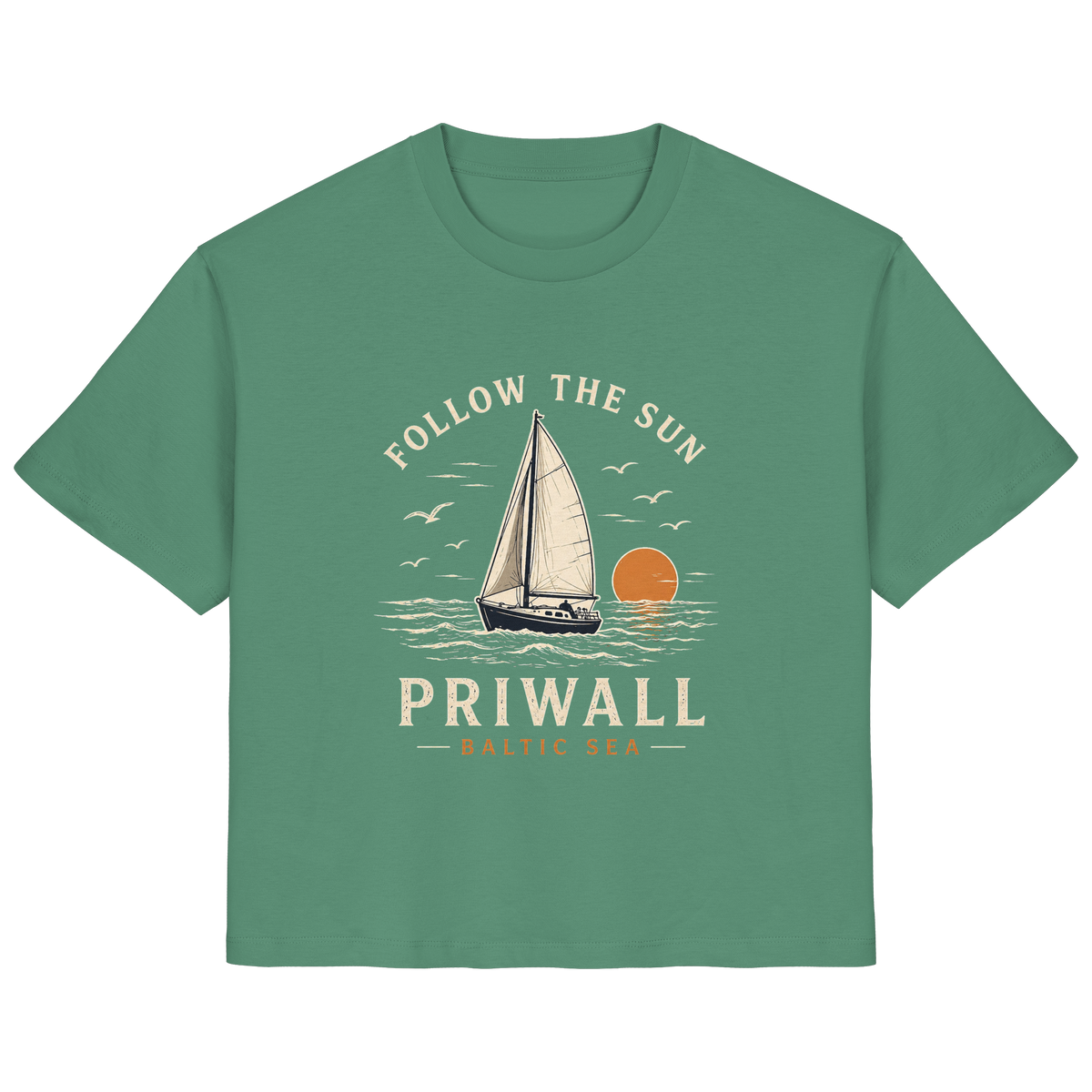Priwall Follow the Sun Damen-Bio-T-Shirt in Green Bay – Clean Mockup