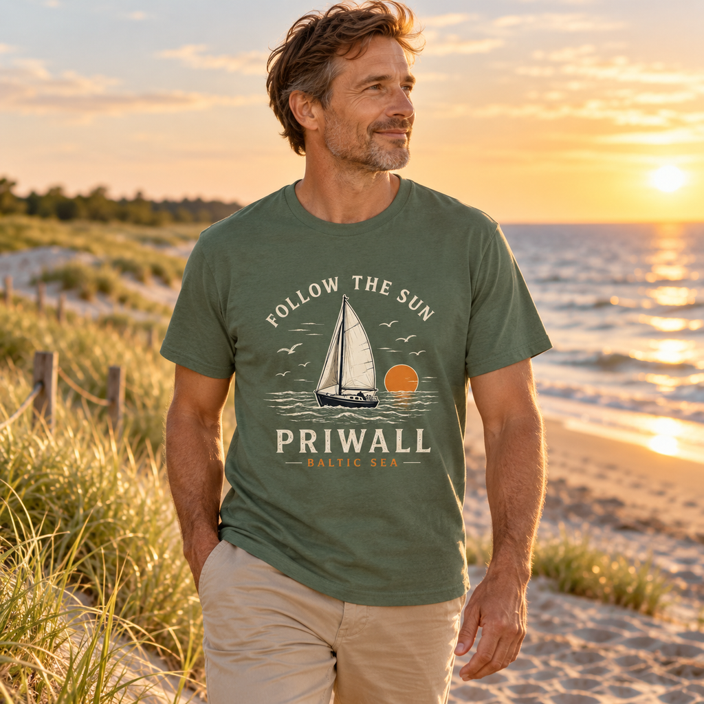 Mann im Priwall Follow the Sun Dark Essential T-Shirt am Ostseestrand