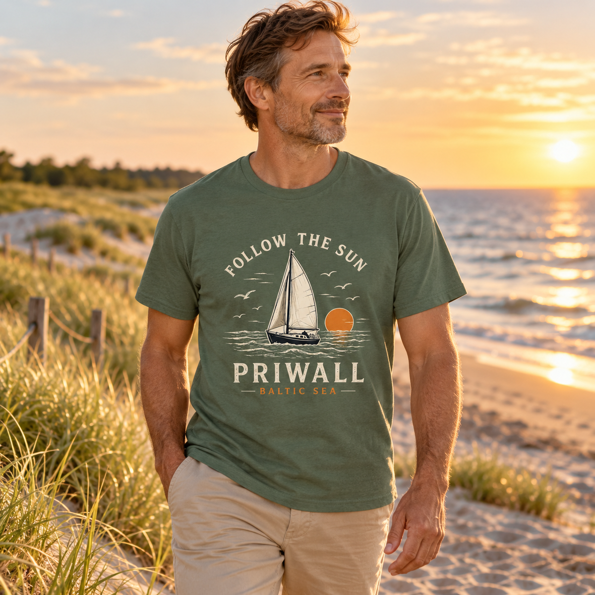 Mann im Priwall Follow the Sun Dark Essential T-Shirt am Ostseestrand