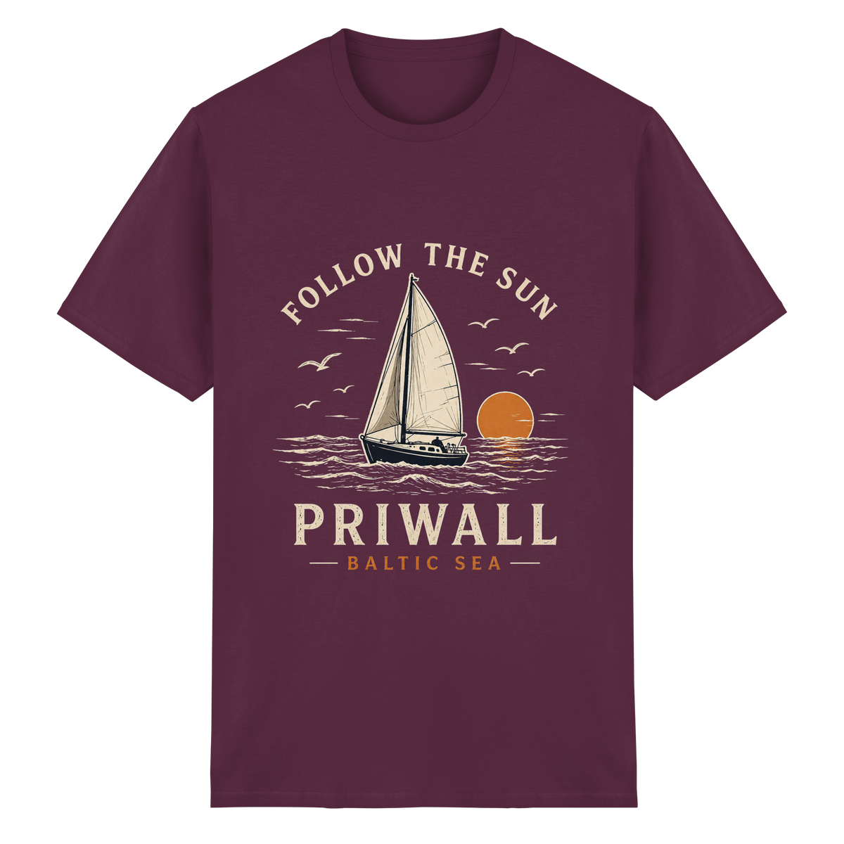 Priwall Follow the Sun Essential T-Shirt in Maroon – Clean Mockup