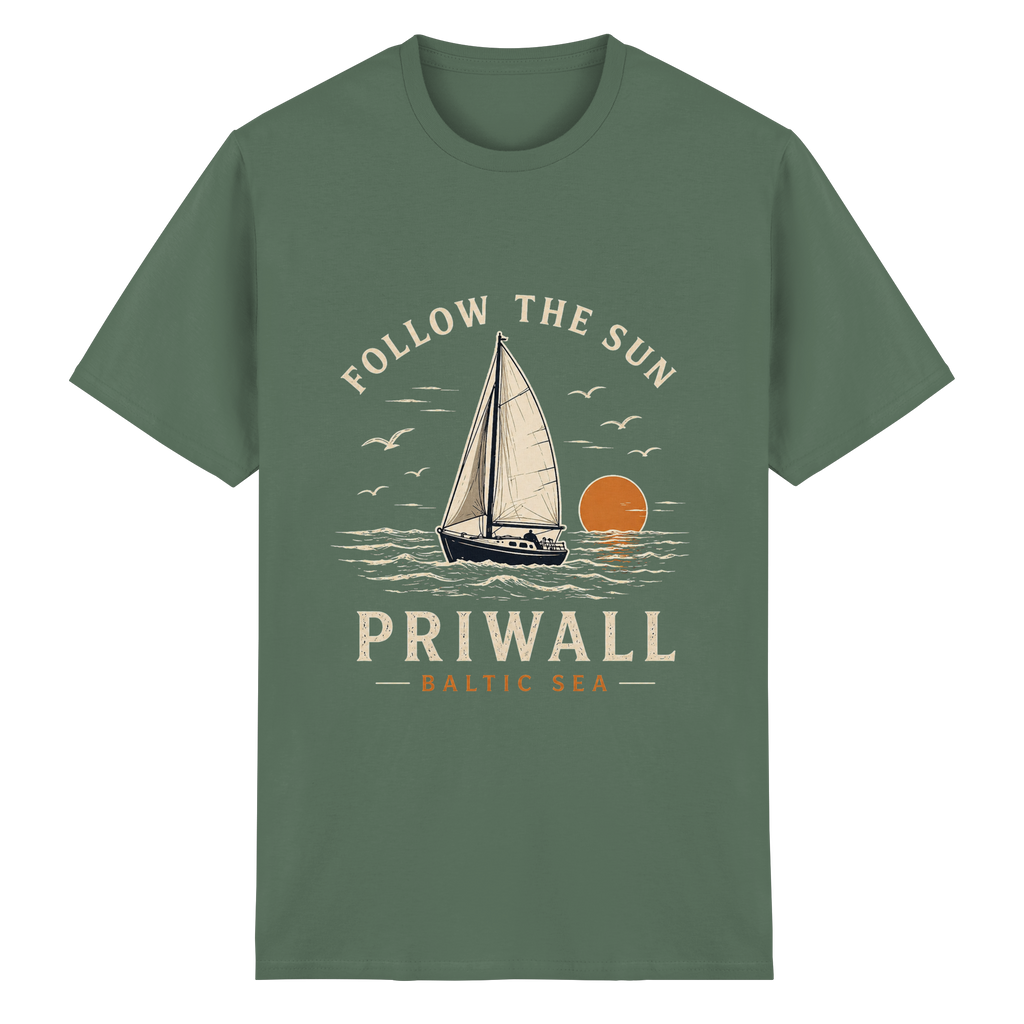 Priwall Follow the Sun Dark Essential T-Shirt in Military Green mit Frontmotiv