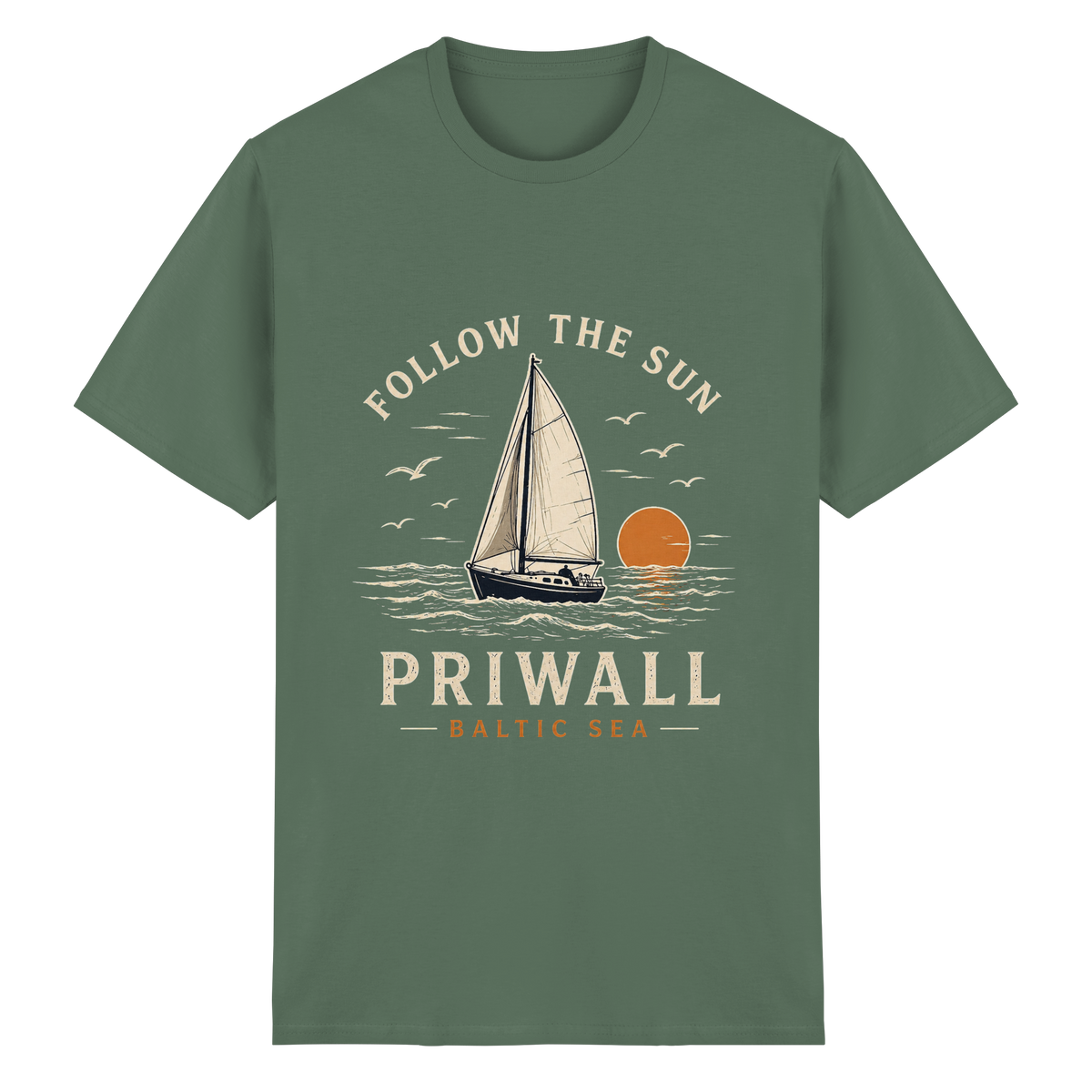 Priwall Follow the Sun Dark Essential T-Shirt in Military Green mit Frontmotiv