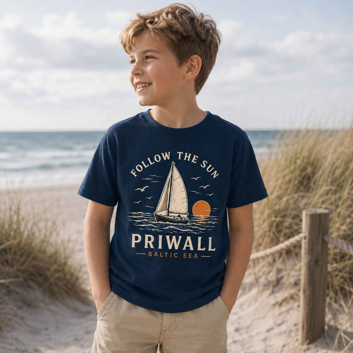 Junge in den Dünen im Priwall Follow the Sun Kinder-Bio-T-Shirt