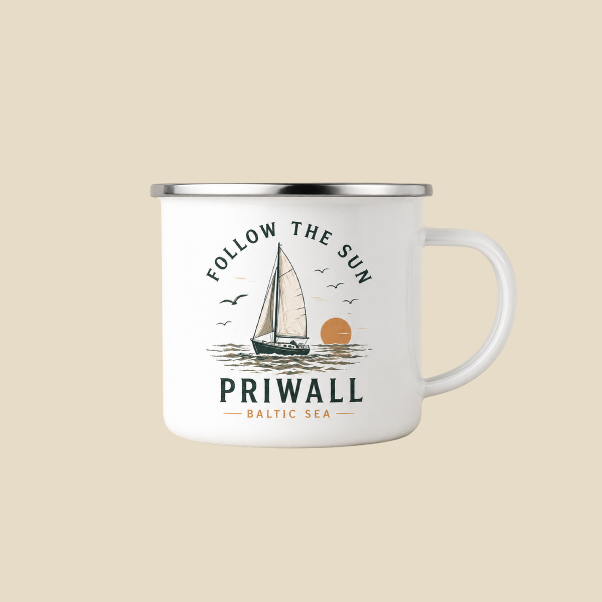 Priwall Follow the Sun Emaillebecher – Clean Mockup