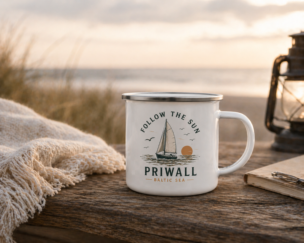 Priwall Follow the Sun Emaillebecher bei einer Kaffeepause am Ostseestrand