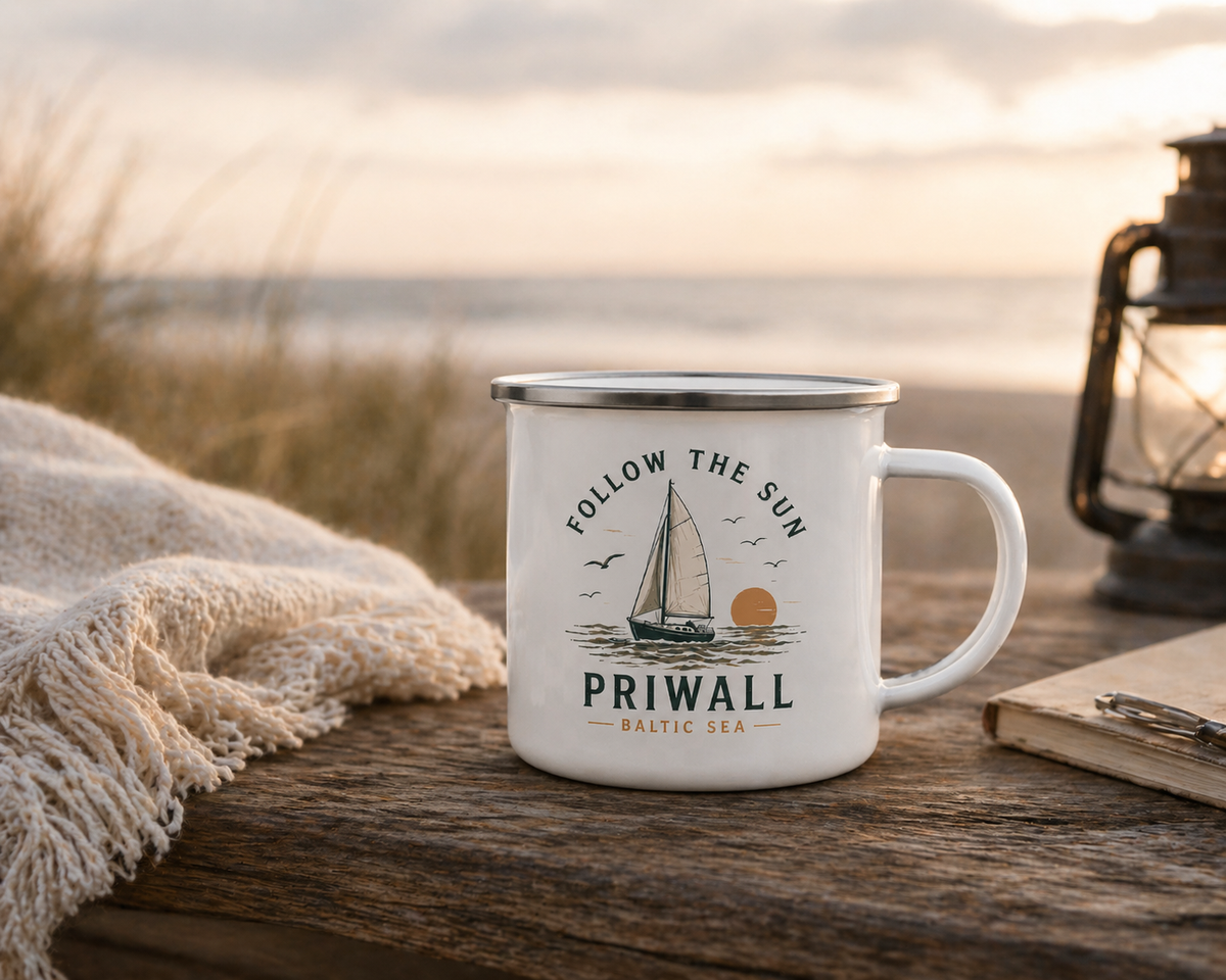 Priwall Follow the Sun Emaillebecher bei einer Kaffeepause am Ostseestrand