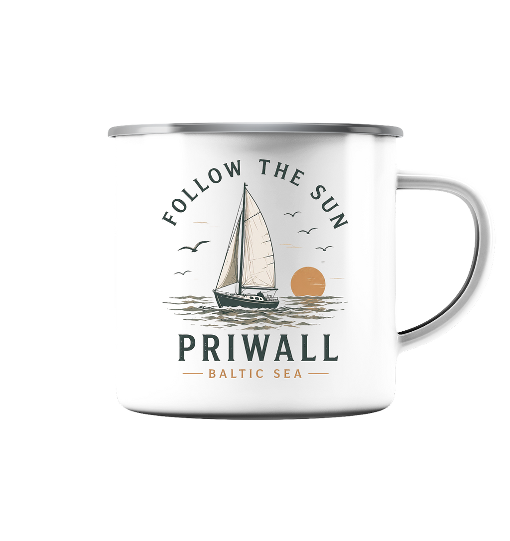 Priwall Follow the Sun Emaillebecher in Weiß – Shirtigo Mockup
