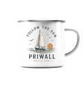 Priwall Follow the Sun Emaillebecher in Weiß – Shirtigo Mockup