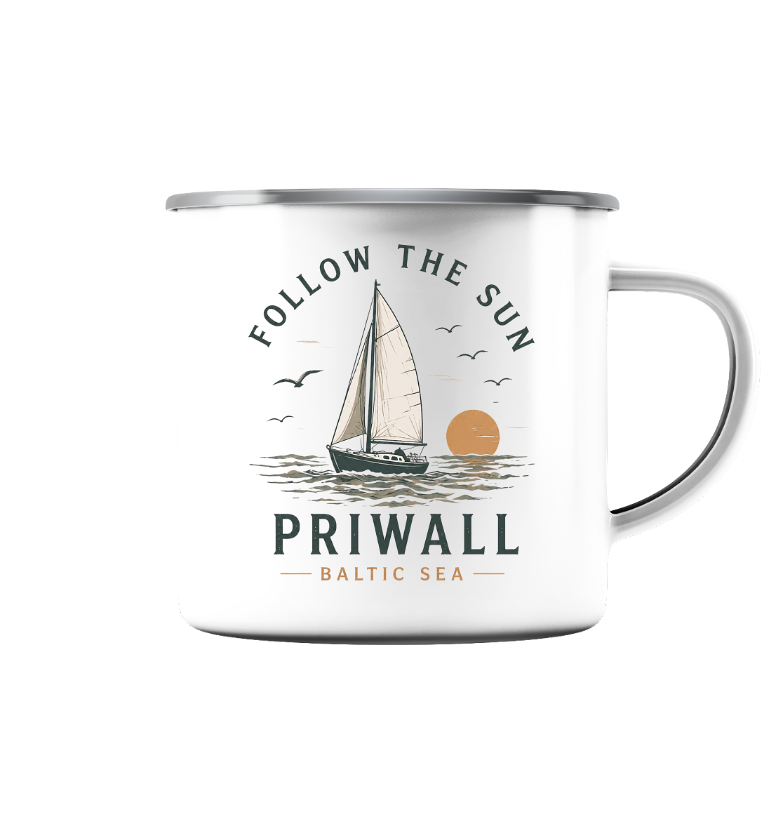 Priwall Follow the Sun Emaillebecher in Weiß – Shirtigo Mockup