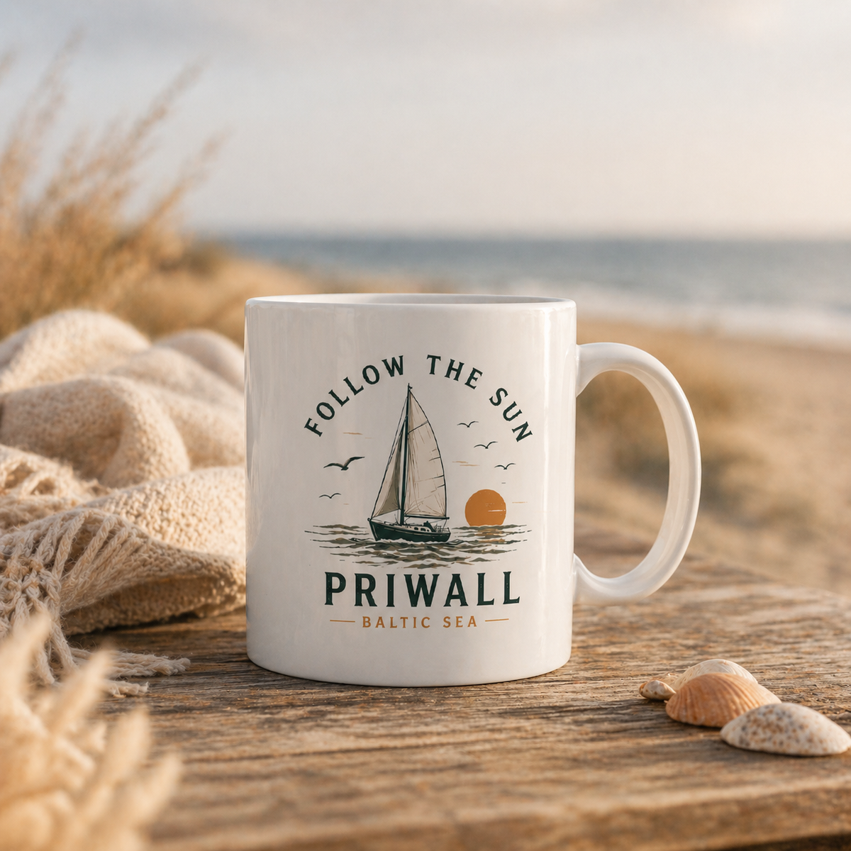 Priwall Follow the Sun Keramiktasse bei einer maritimen Kaffeepause