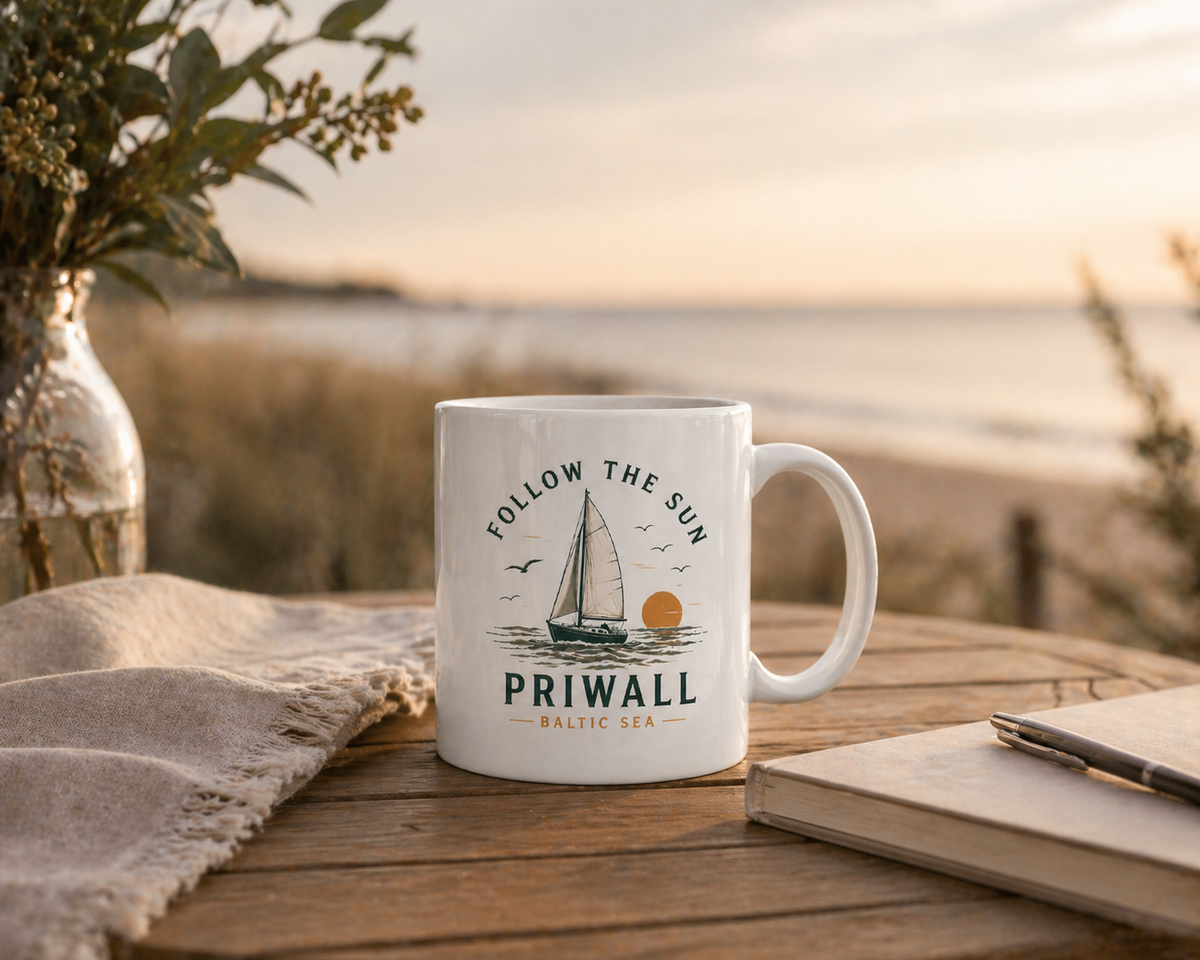 Priwall Follow the Sun Keramiktasse auf einer hellen Küstenterrasse