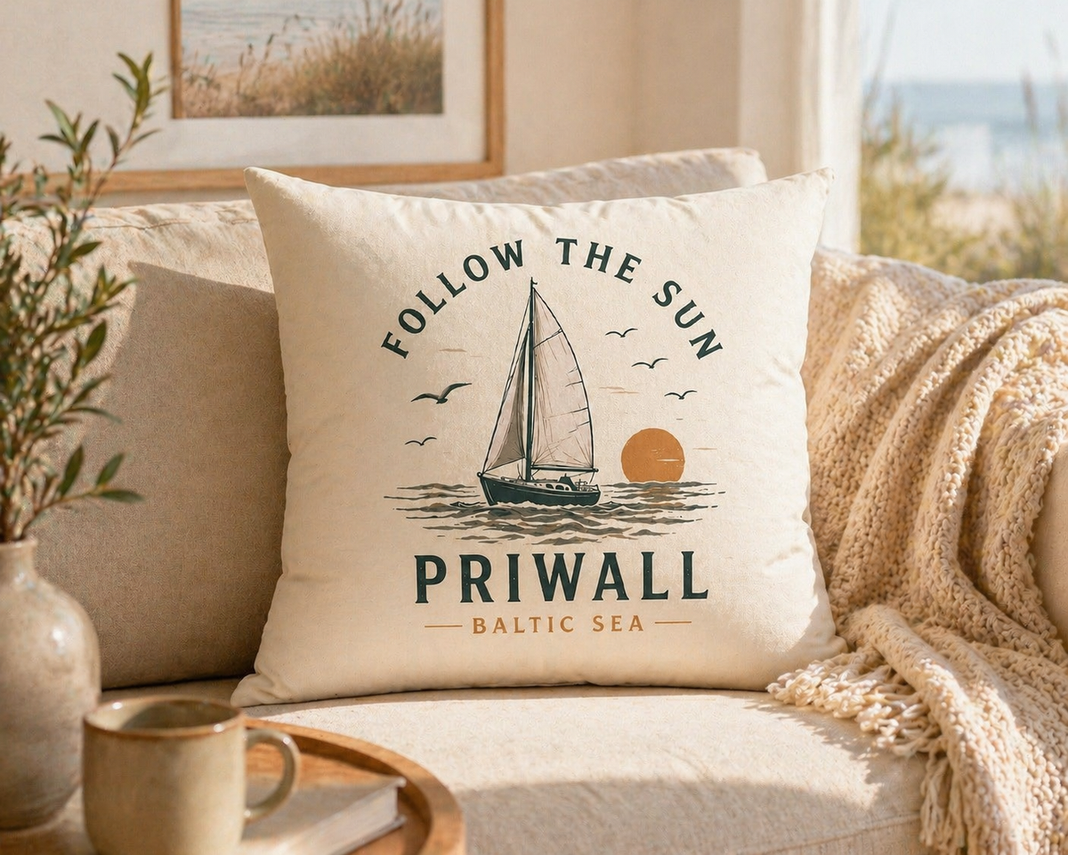Priwall Follow the Sun Kissen als maritime Dekoration auf einem Sofa