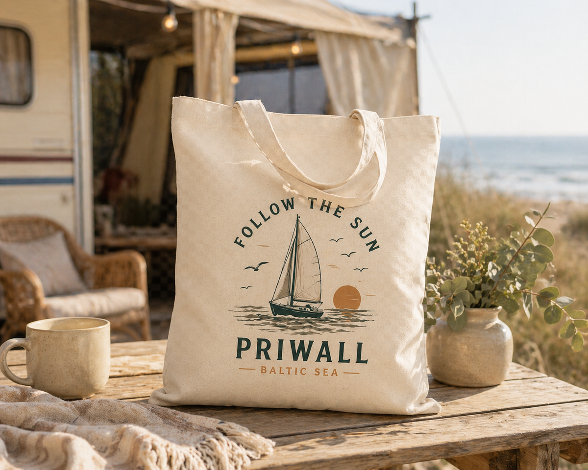 Priwall Follow the Sun Organic Tote Bag in einer hellen Küsten-Alltagsszene
