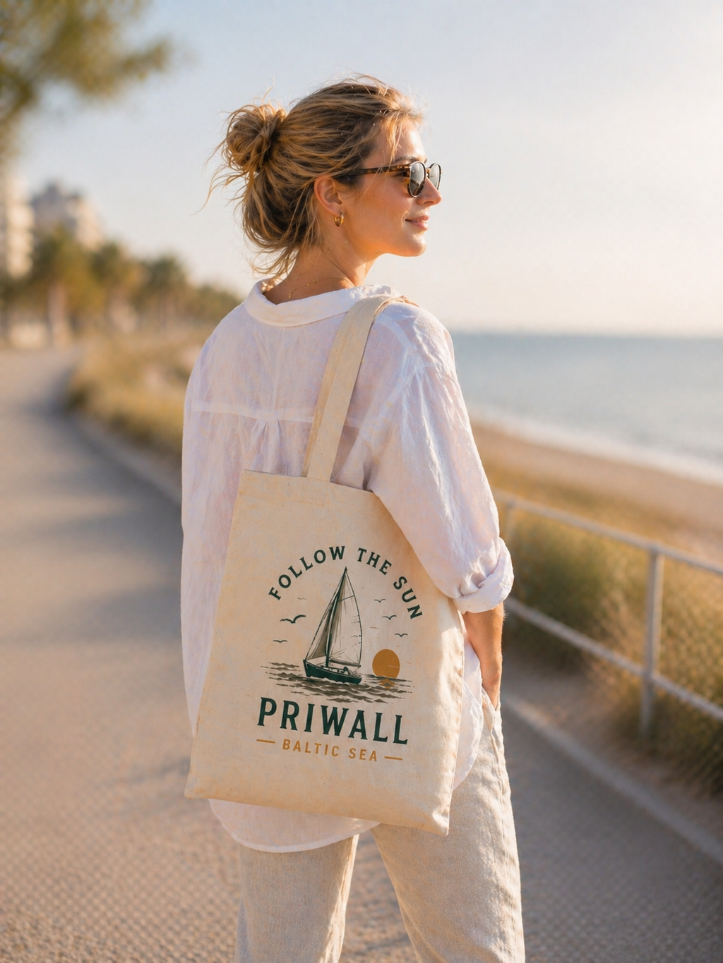 Priwall Follow the Sun Organic Tote Bag als Begleiterin am Ostseestrand