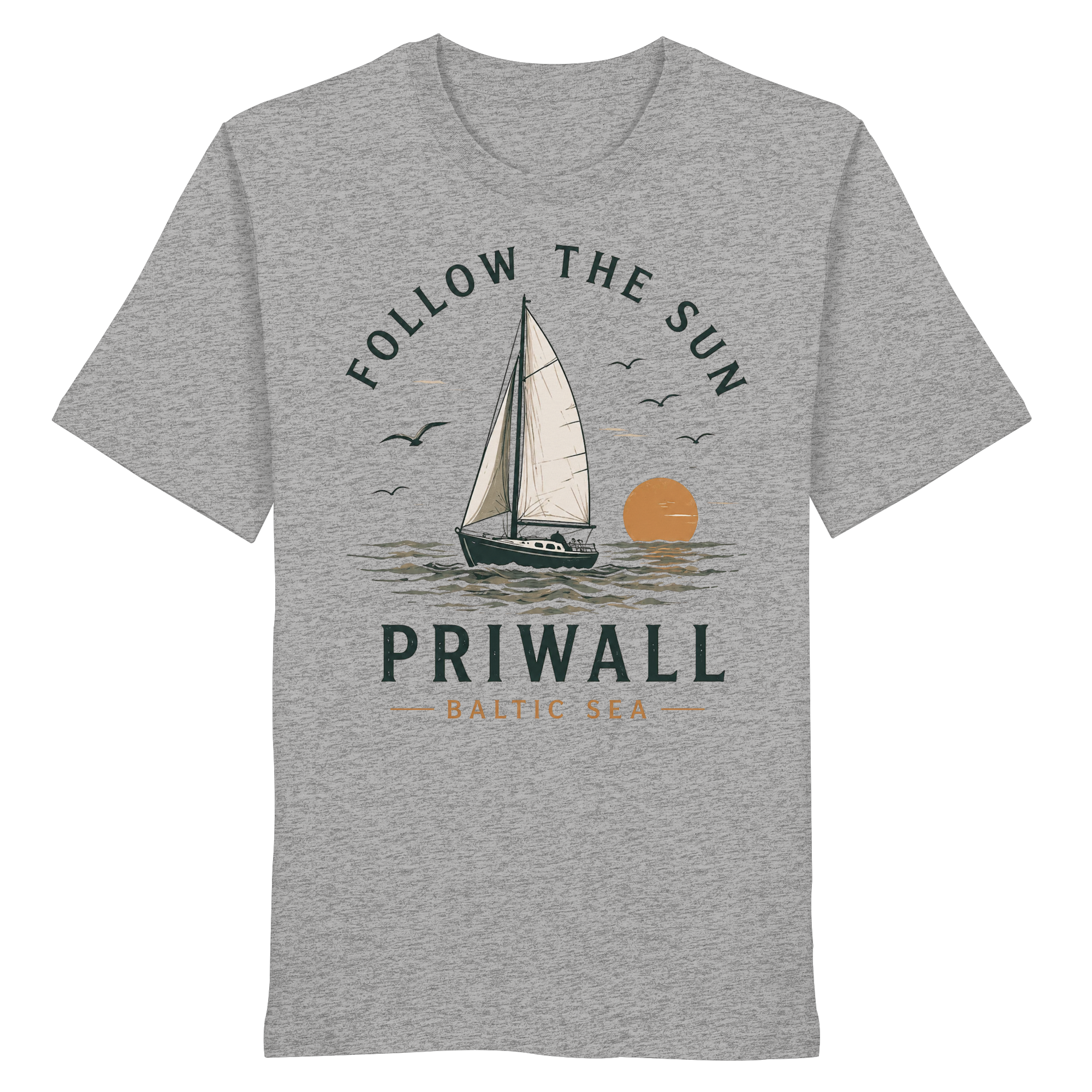 Graues Follow the Sun T-Shirt  mit Segelboot und Sonnenuntergang aus der Priwall Kollektion von Nomavé