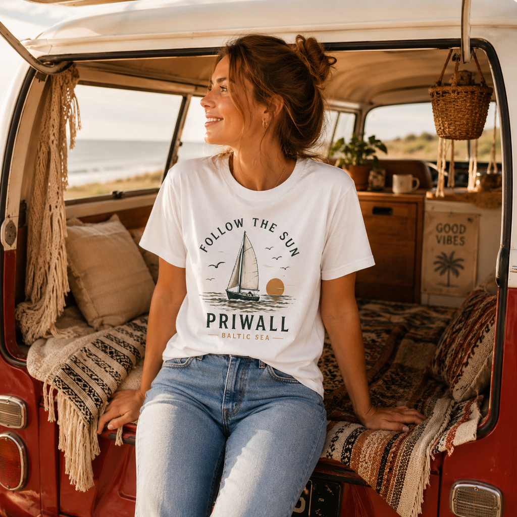 Weißes Follow the Sun T-Shirt aus der Priwall Baltic Sea Kollektion mit Segelboot Motiv