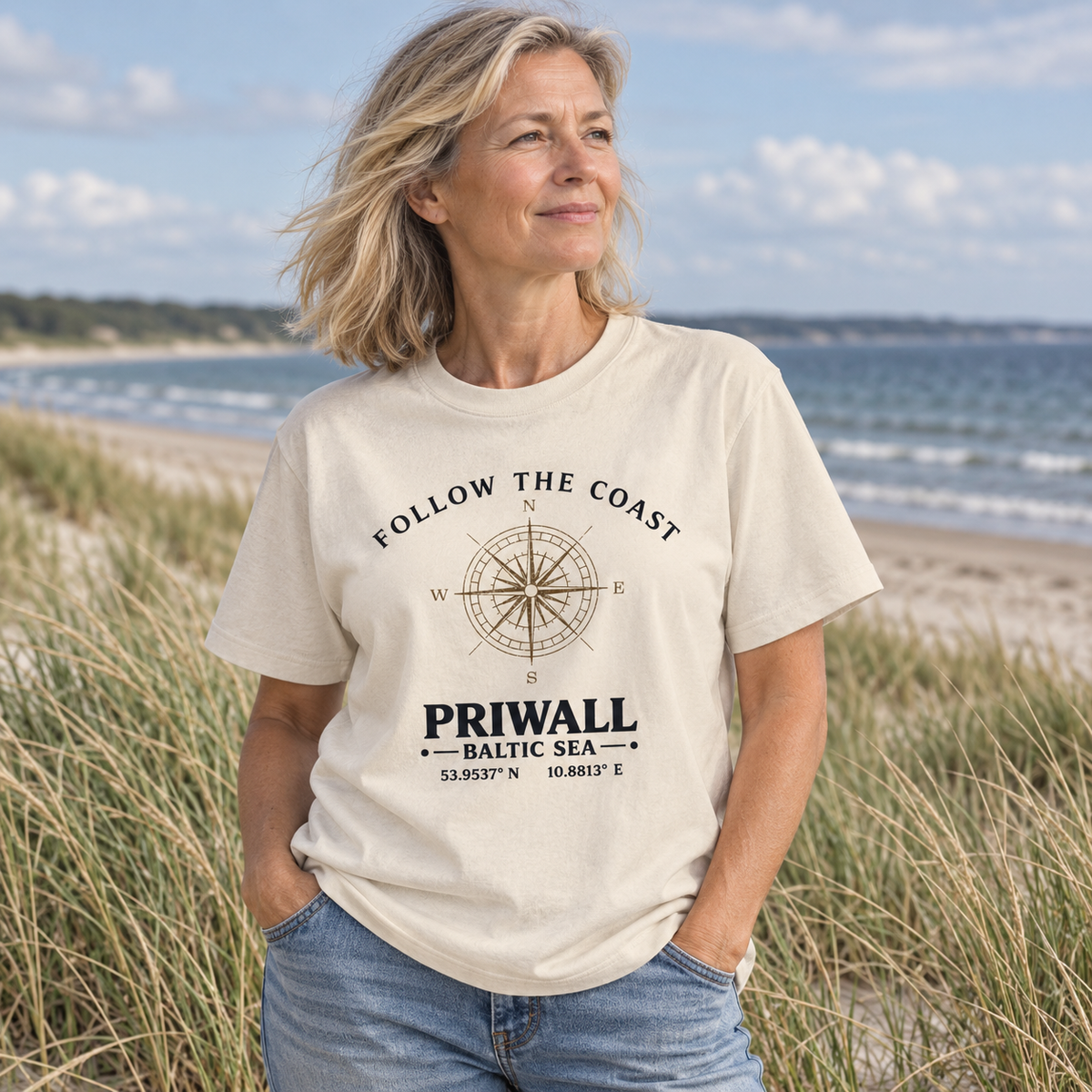 Frau trägt Follow the Coast Priwall Kompass Bio-Heavy T-Shirt in den Dünen